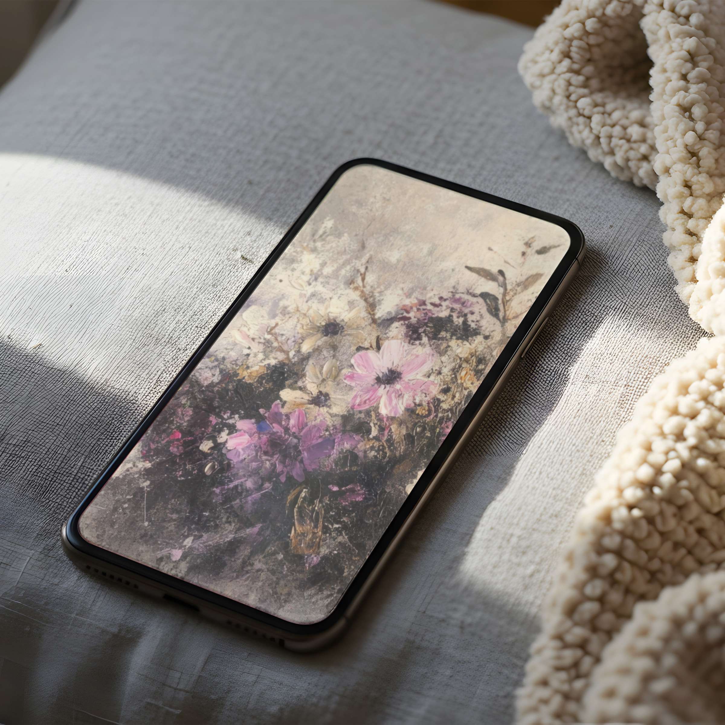 Elegant phone wallpaper with a bouquet of pastel flowers in a textured style perfect for iPhone and android digital download
