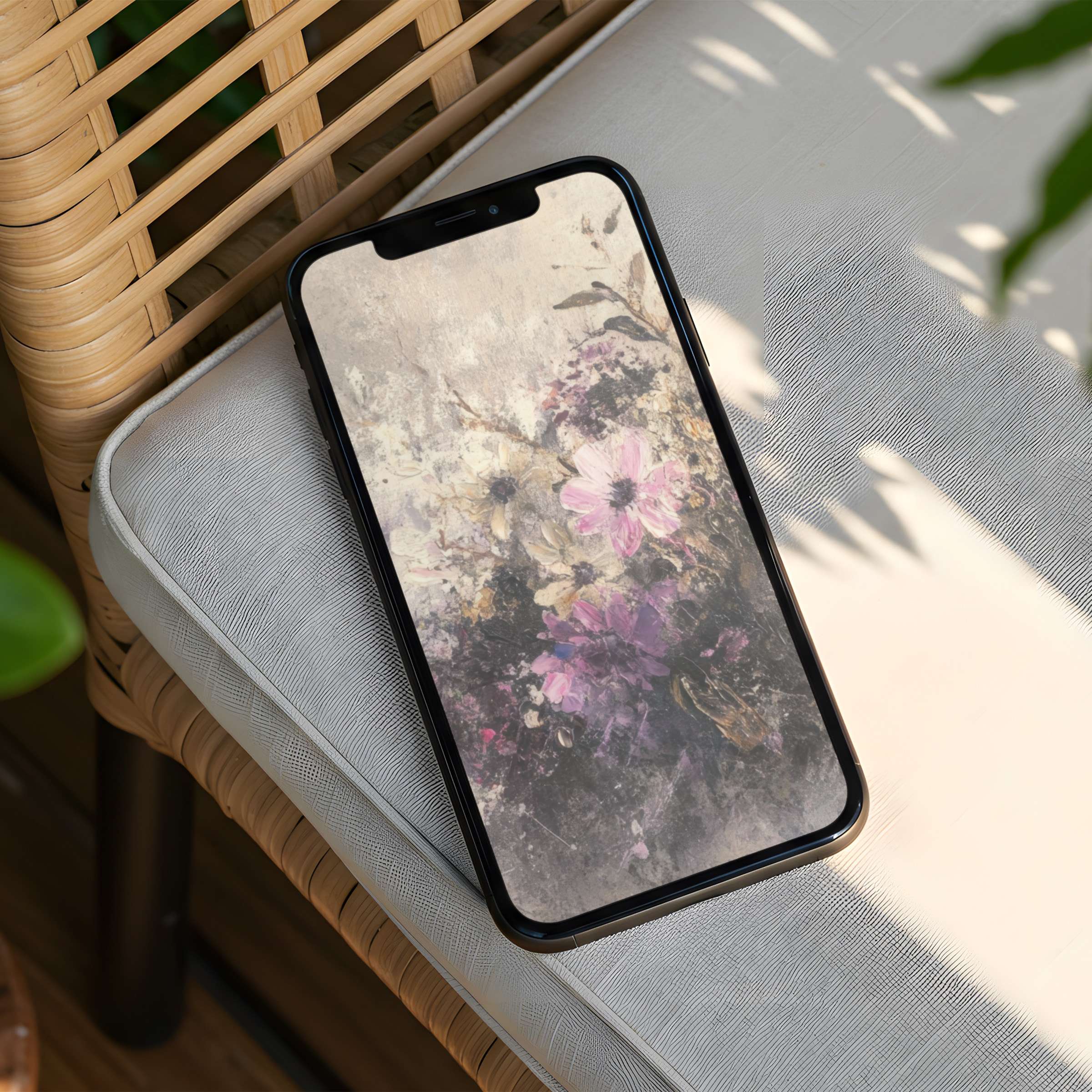 Elegant floral art on phone offers a calm iPhone background, perfect for mindfulness enthusiasts seeking instant download and inspiration
