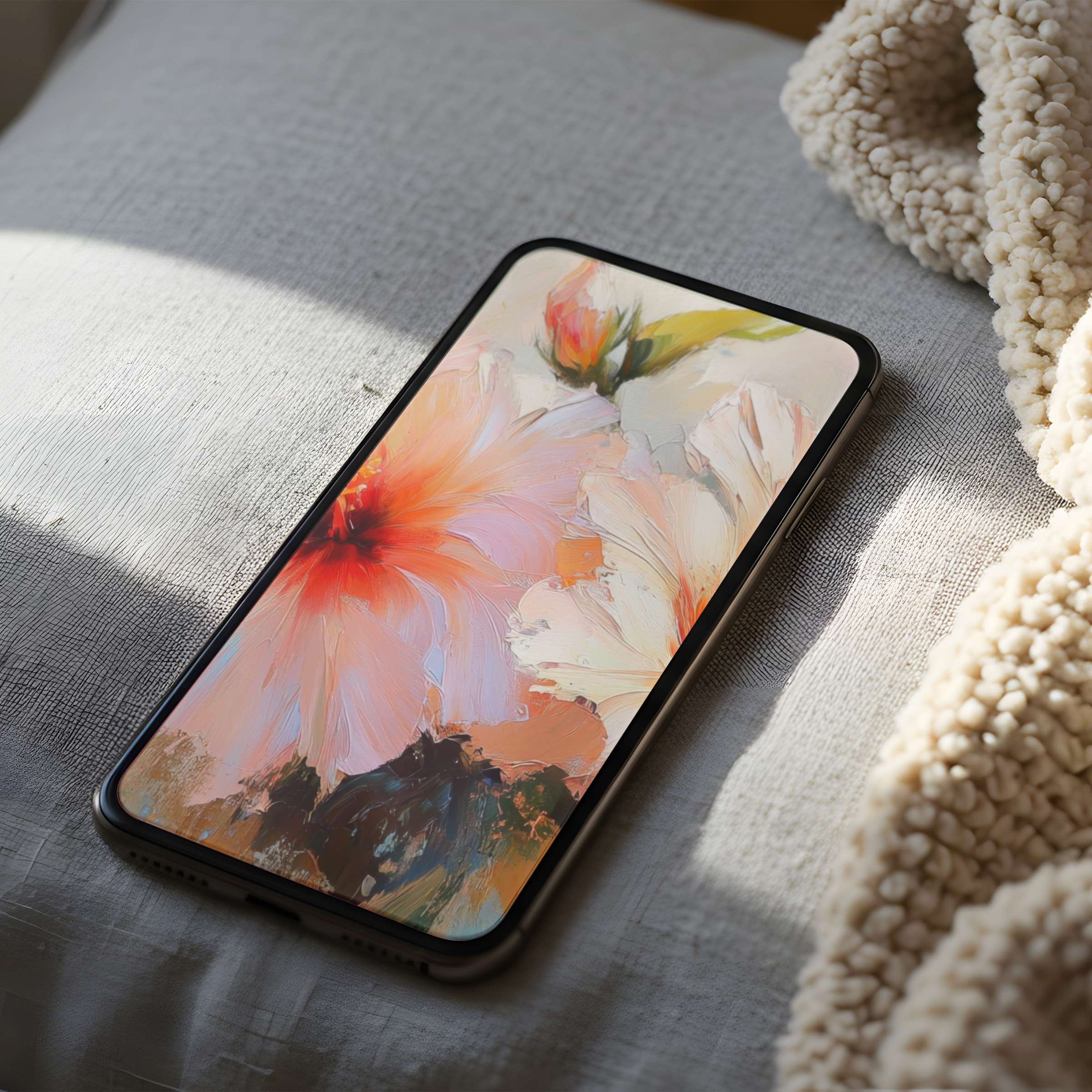 Elegant floral phone wallpaper on a cozy pillow evokes tranquility, offering a high resolution digital download for iPhone and Android