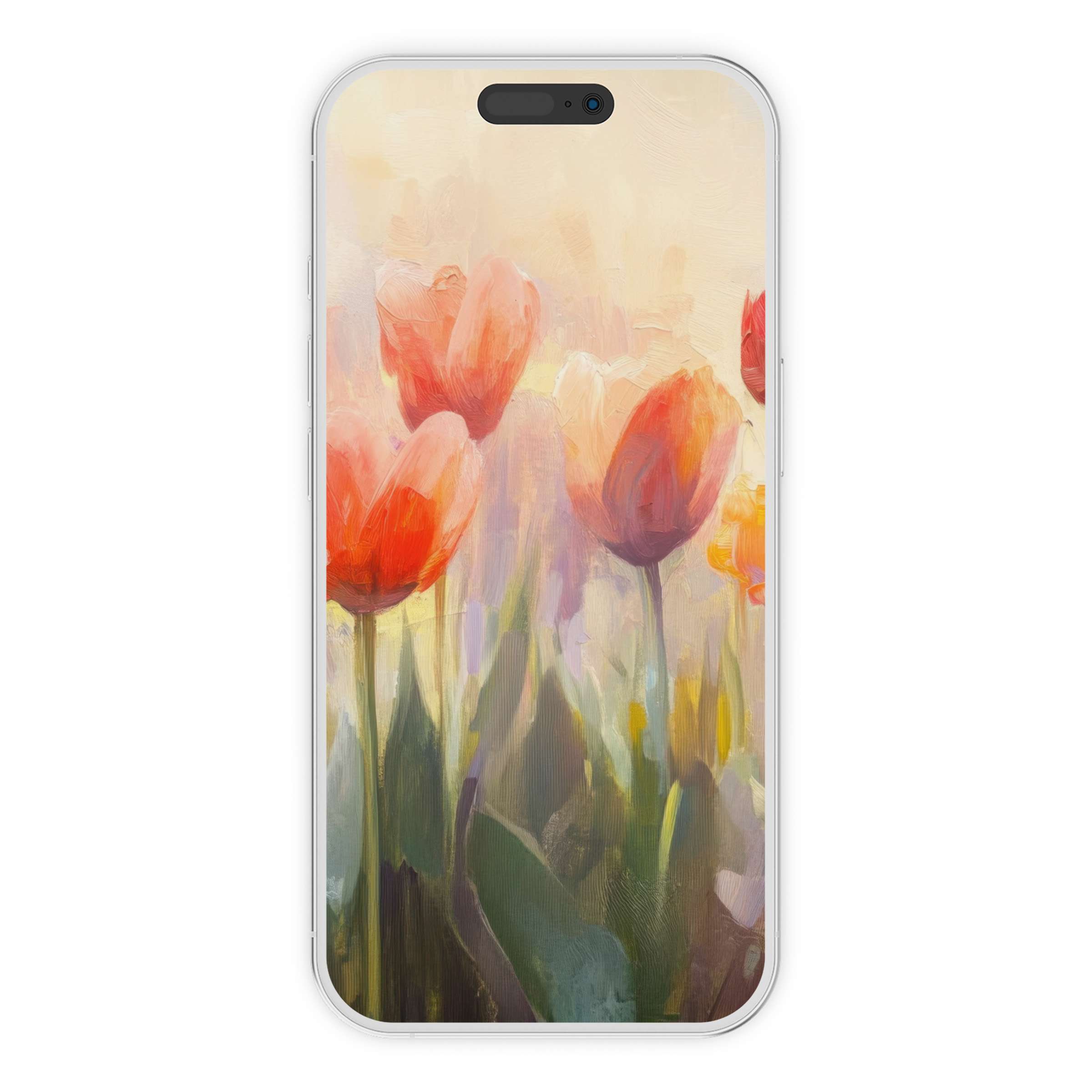 Vibrant tulips in an artistic watercolor style create a serene botanical iPhone wallpaper perfect as a phone background digital download