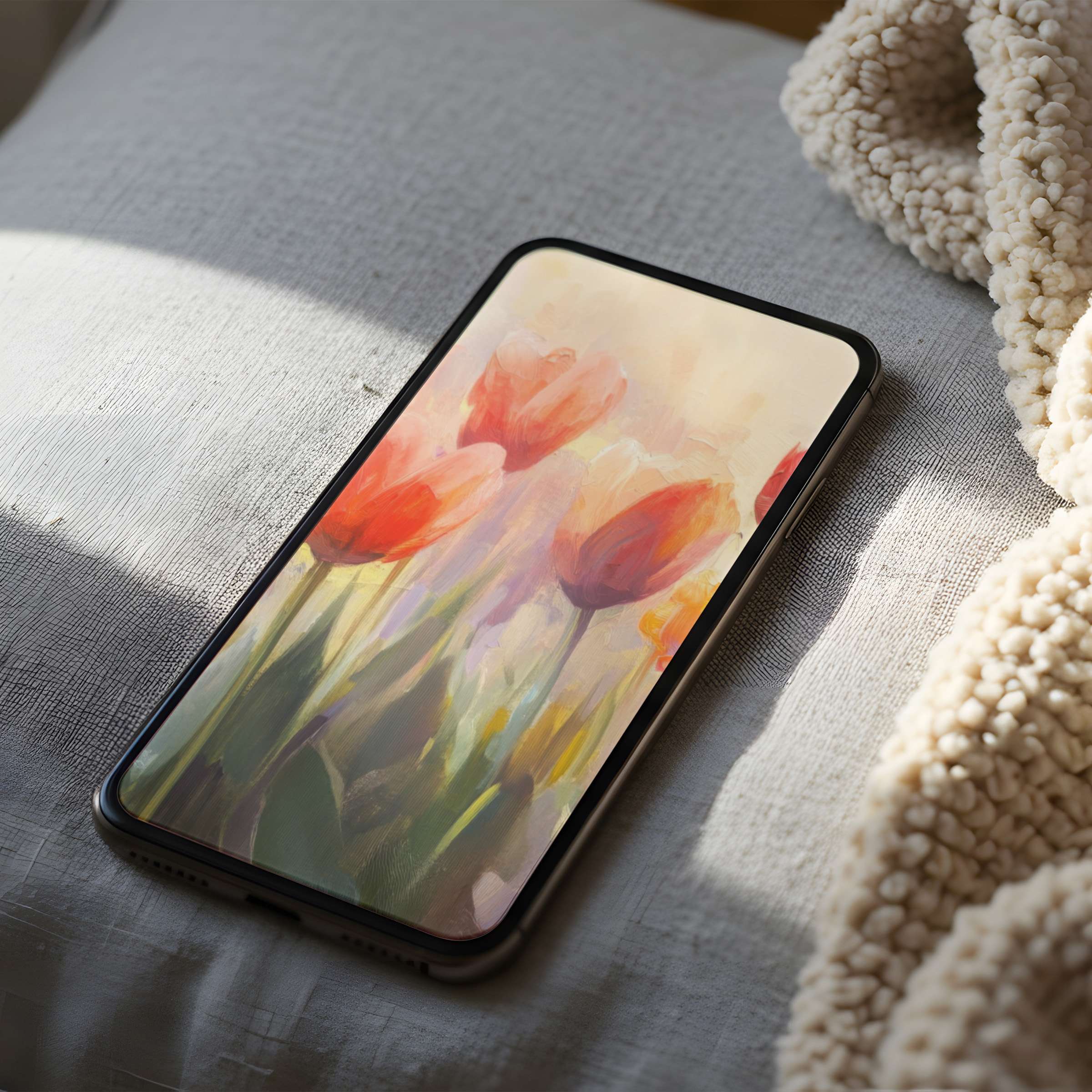 Elegant floral phone wallpaper with soft pink and orange tulips in high resolution enhances any iPhone or Android for a serene vibe