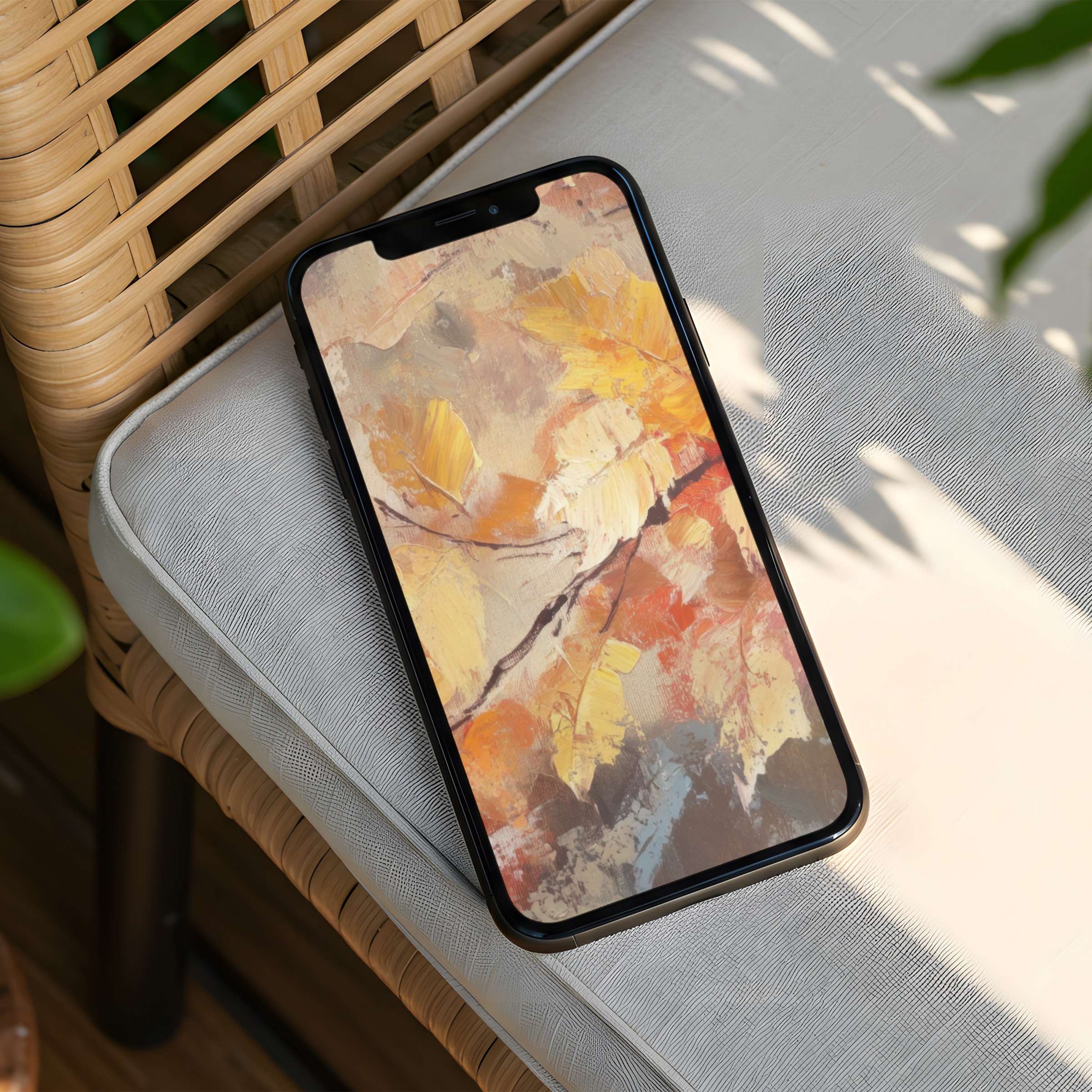 Elegant abstract autumn leaves painting as iPhone background offers calm inspiration with instant download for any phone user