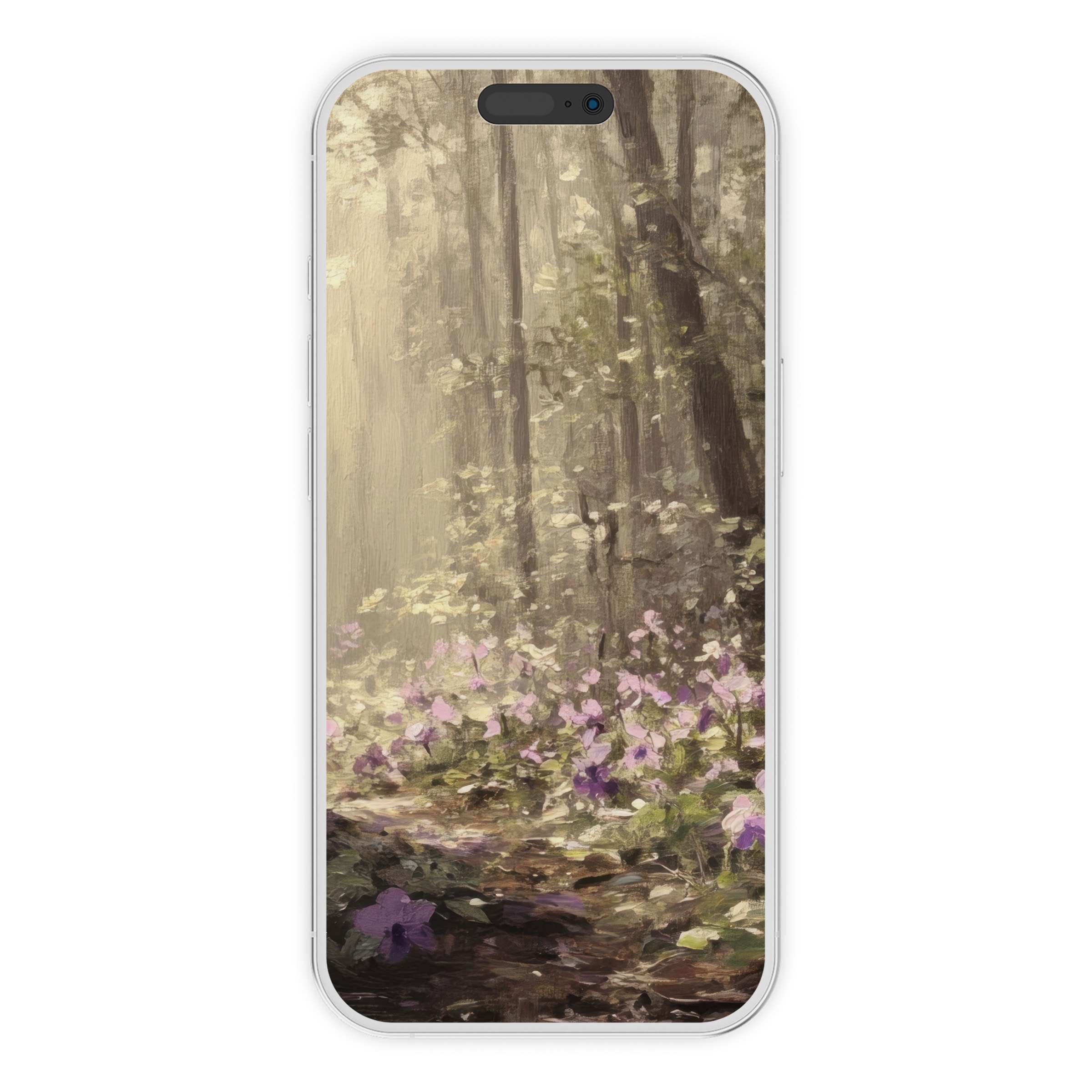 Serene botanical iPhone wallpaper features a digital download of a misty forest with soft purple flowers, perfect phone background for tranquility