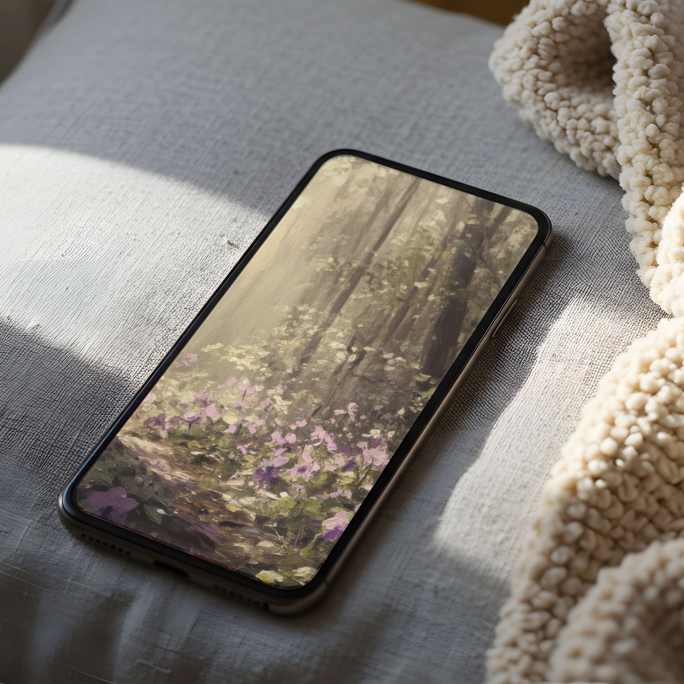 Elegant forest scene phone wallpaper with serene purple flowers offers high resolution digital download for iPhone and Android users