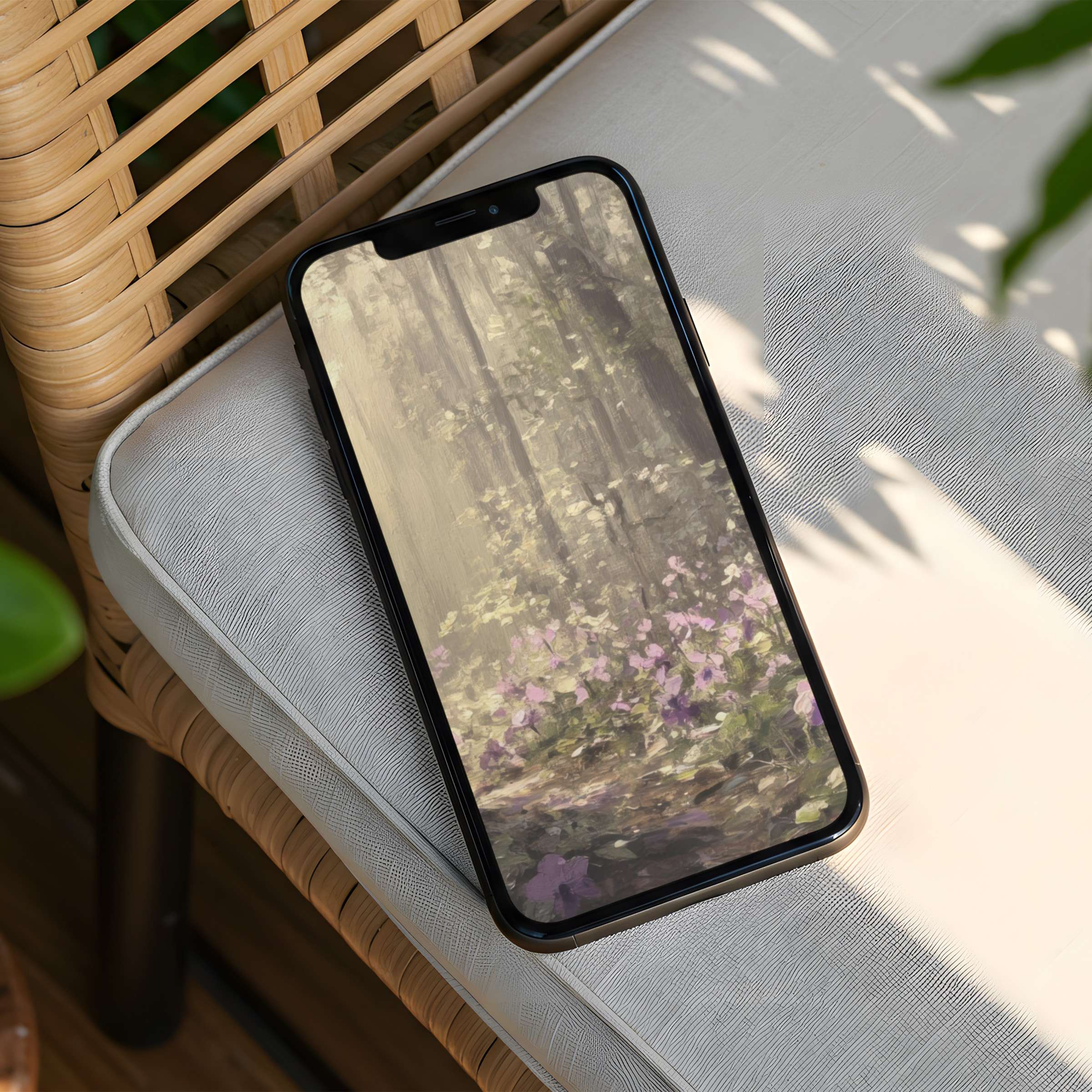 Serene iPhone background featuring a dreamy forest with soft pastels inspires calm and mindfulness available for instant download for phone users
