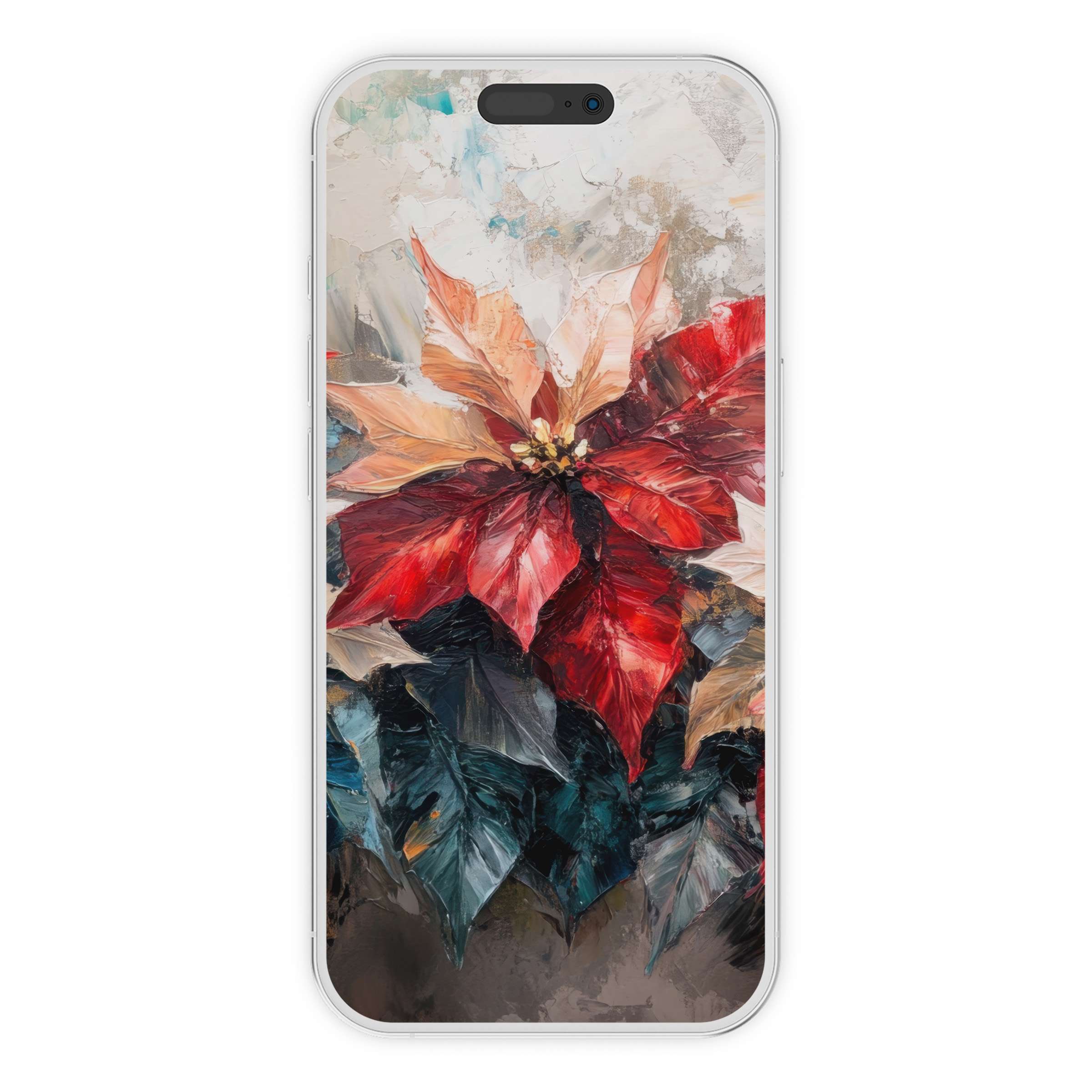 Elegant botanical iPhone wallpaper with vivid red flowers and textured brushstrokes in an abstract style digital download phone background