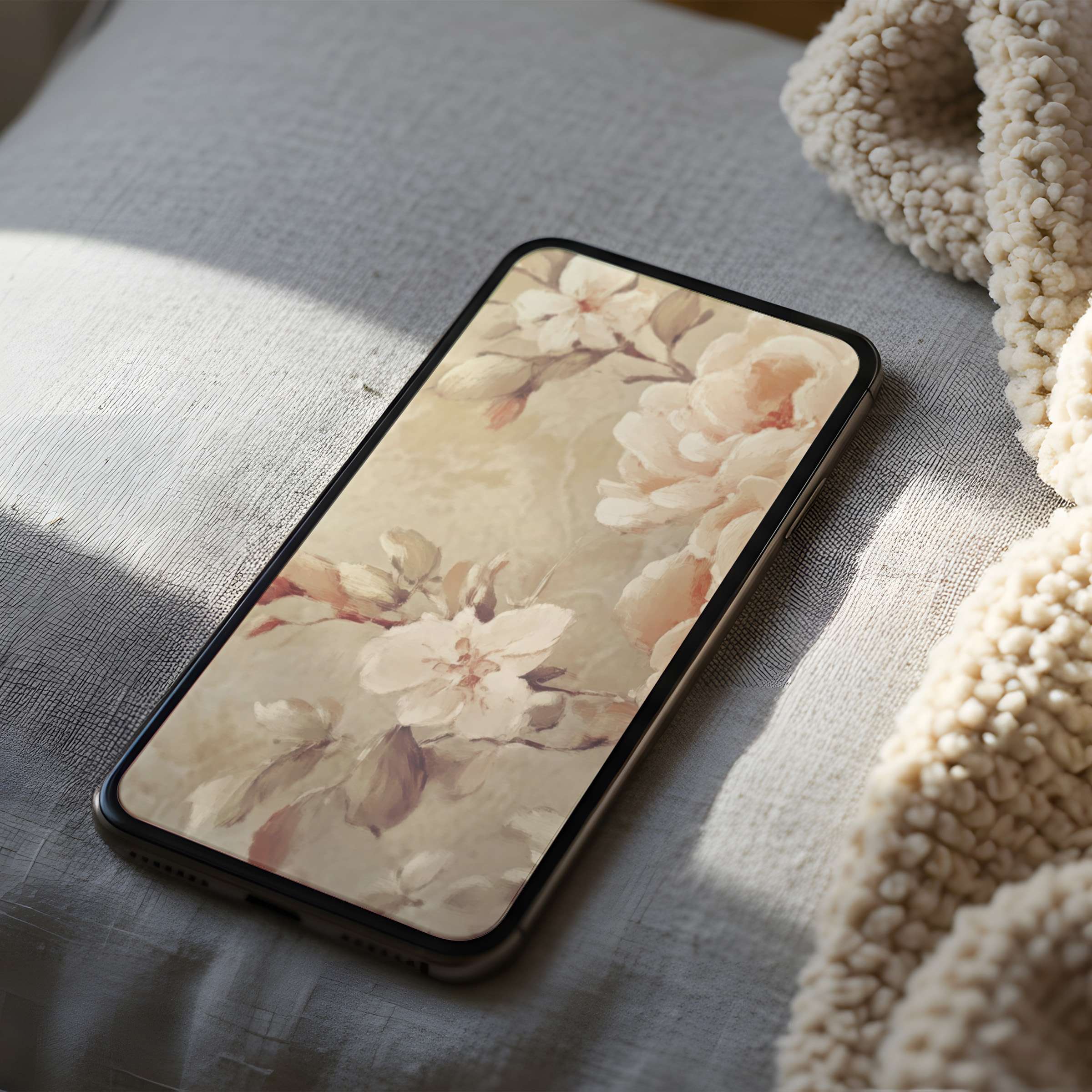 Elegant floral phone wallpaper with soft beige tones, perfect for a calming digital download, curated for iPhone and Android users