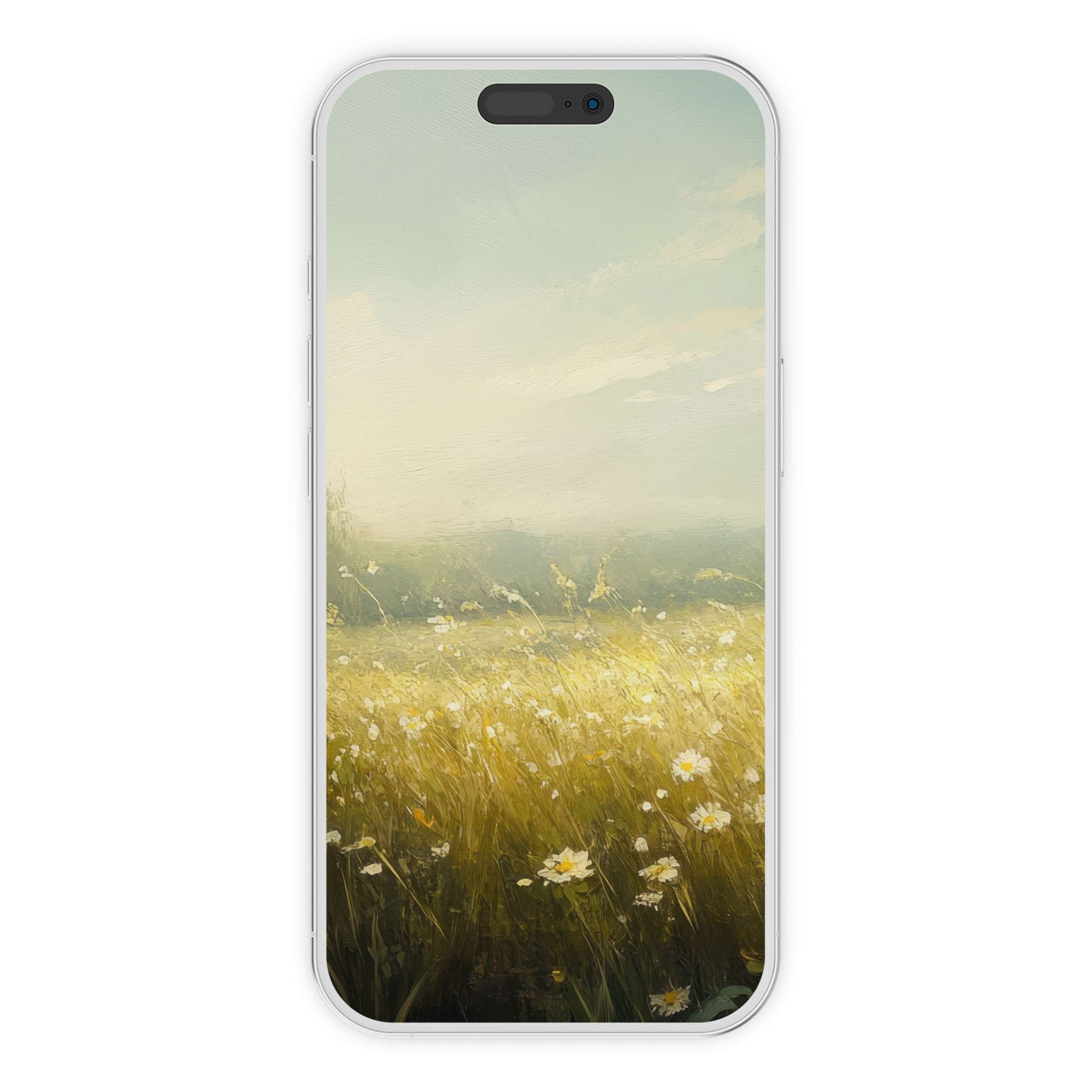 Serene botanical iPhone wallpaper with a sunlit field of daisies offers a calming phone background as a digital download for all devices