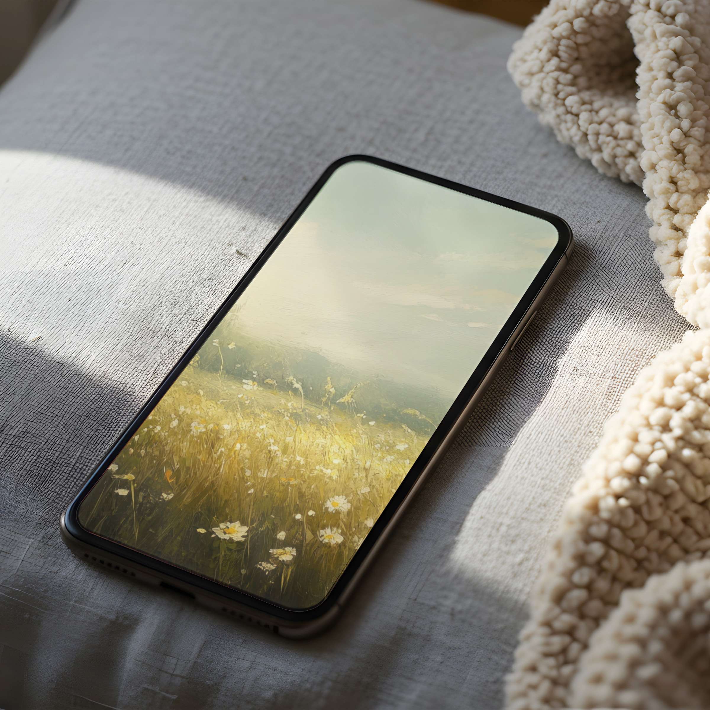 Delight in the serene elegance of a high resolution phone wallpaper featuring a calming meadow motif, perfect for iPhone and Android