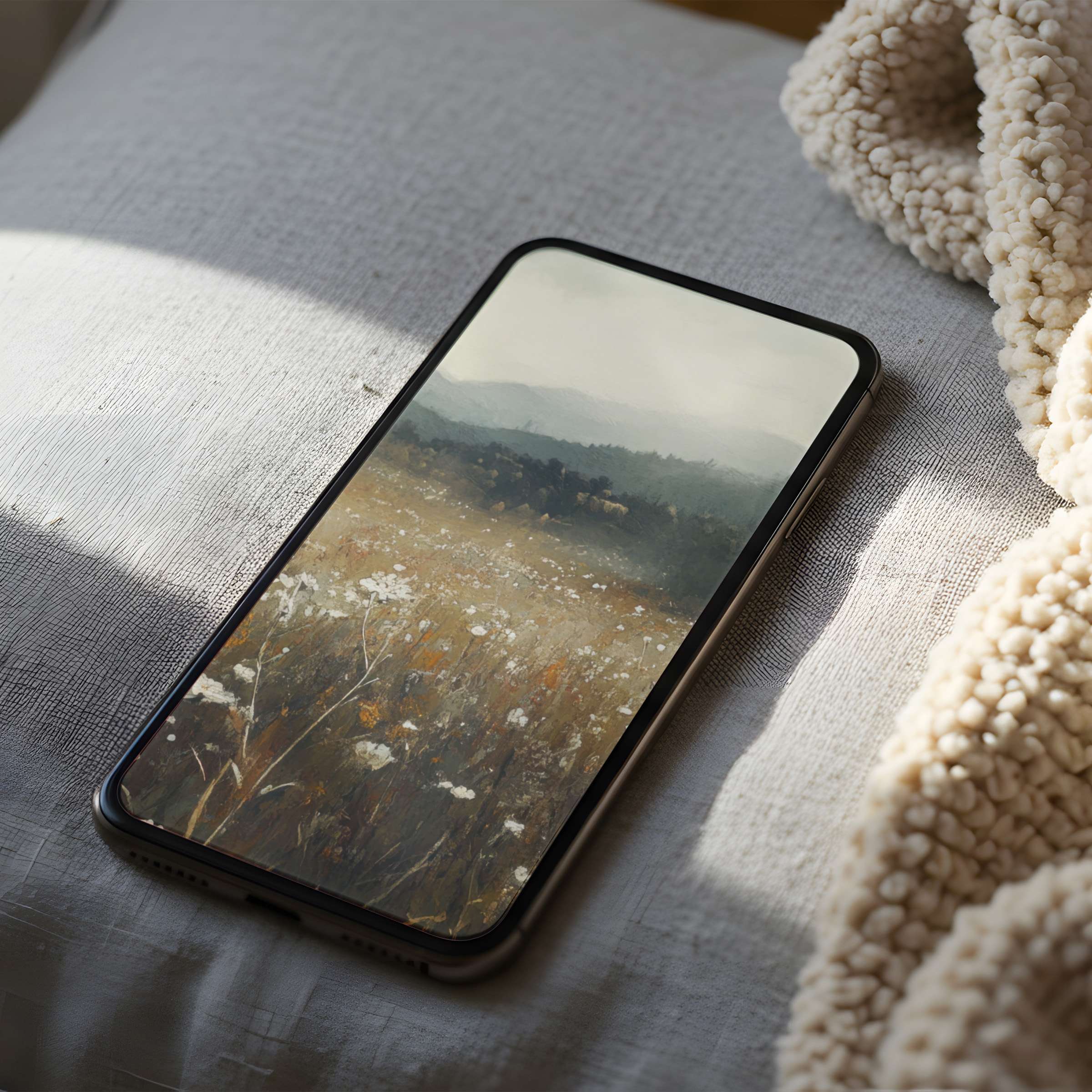 Elegant phone wallpaper featuring a serene landscape of wildflowers and misty hills, perfect for iPhone and Android digital download
