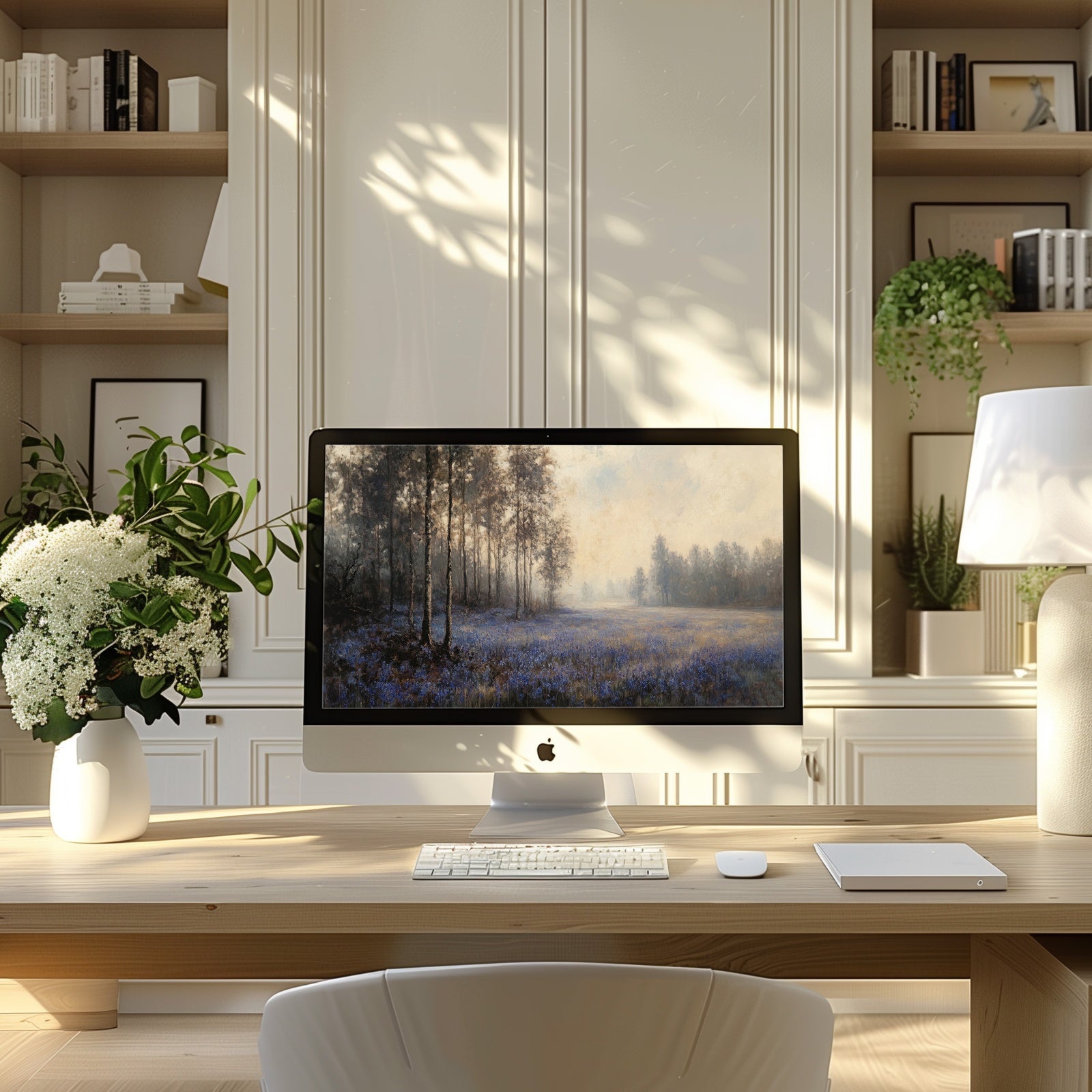 Botanical desktop wallpaper featuring a serene forest landscape with soft morning light and purple wildflowers. Displayed on an iMac in a calm, elegant workspace - a nature-inspired digital background by Gallery Flair