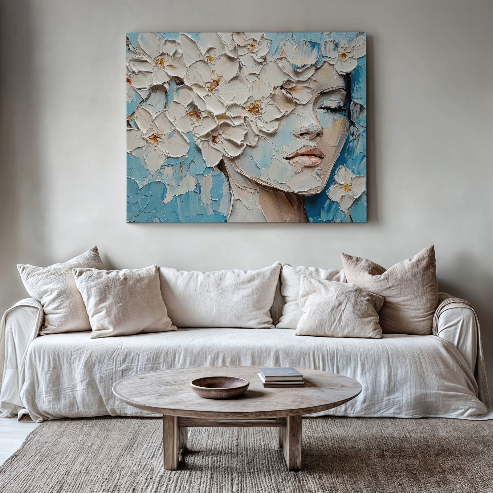 Modern living room with neutral decor, featuring a botanical-inspired digital art print of a woman's face surrounded by textured white flowers on a soft blue background above a beige sofa
