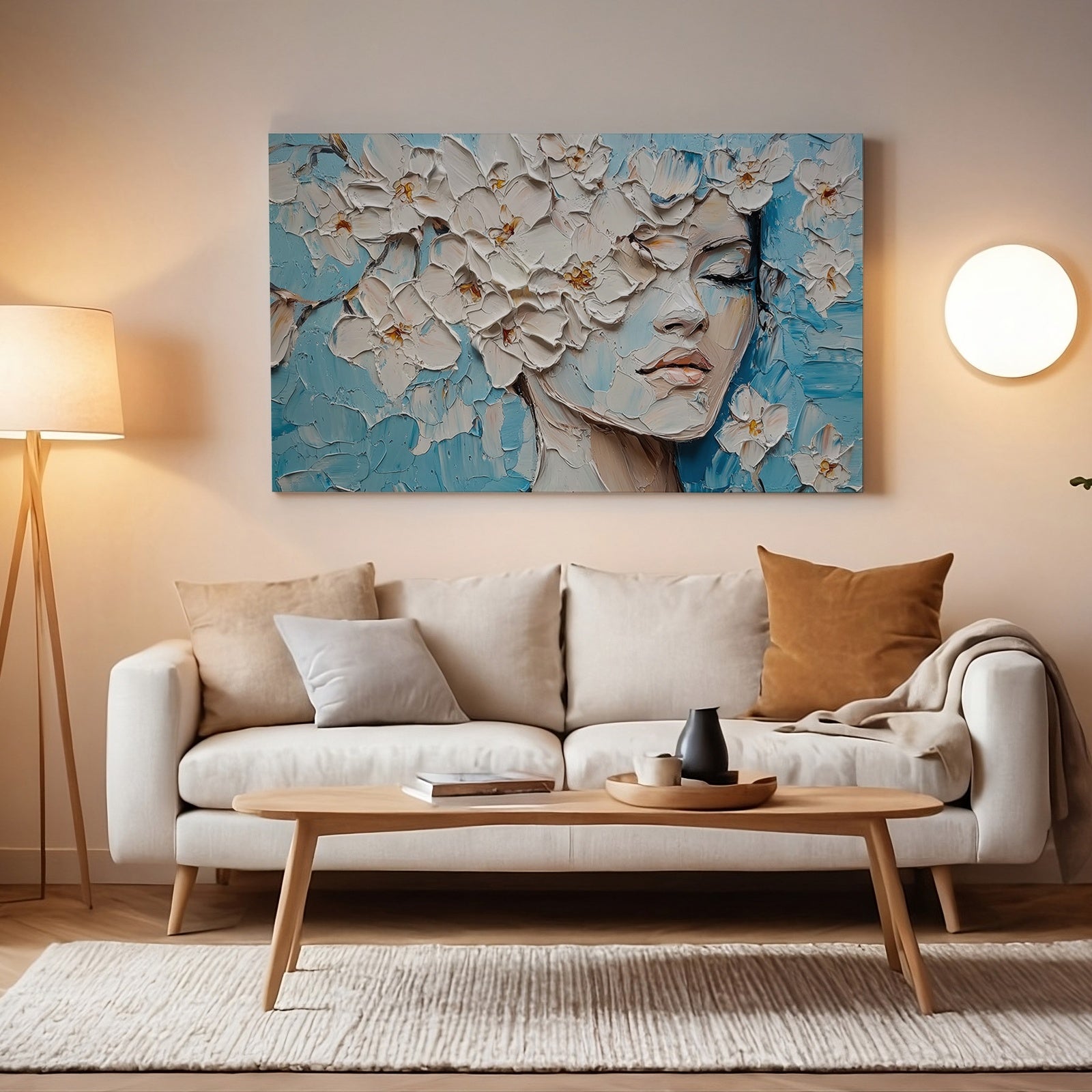 Botanical printable wall art featuring a serene female portrait adorned with textured white flowers on a soft blue background, displayed above a beige sofa in a warm, modern living room