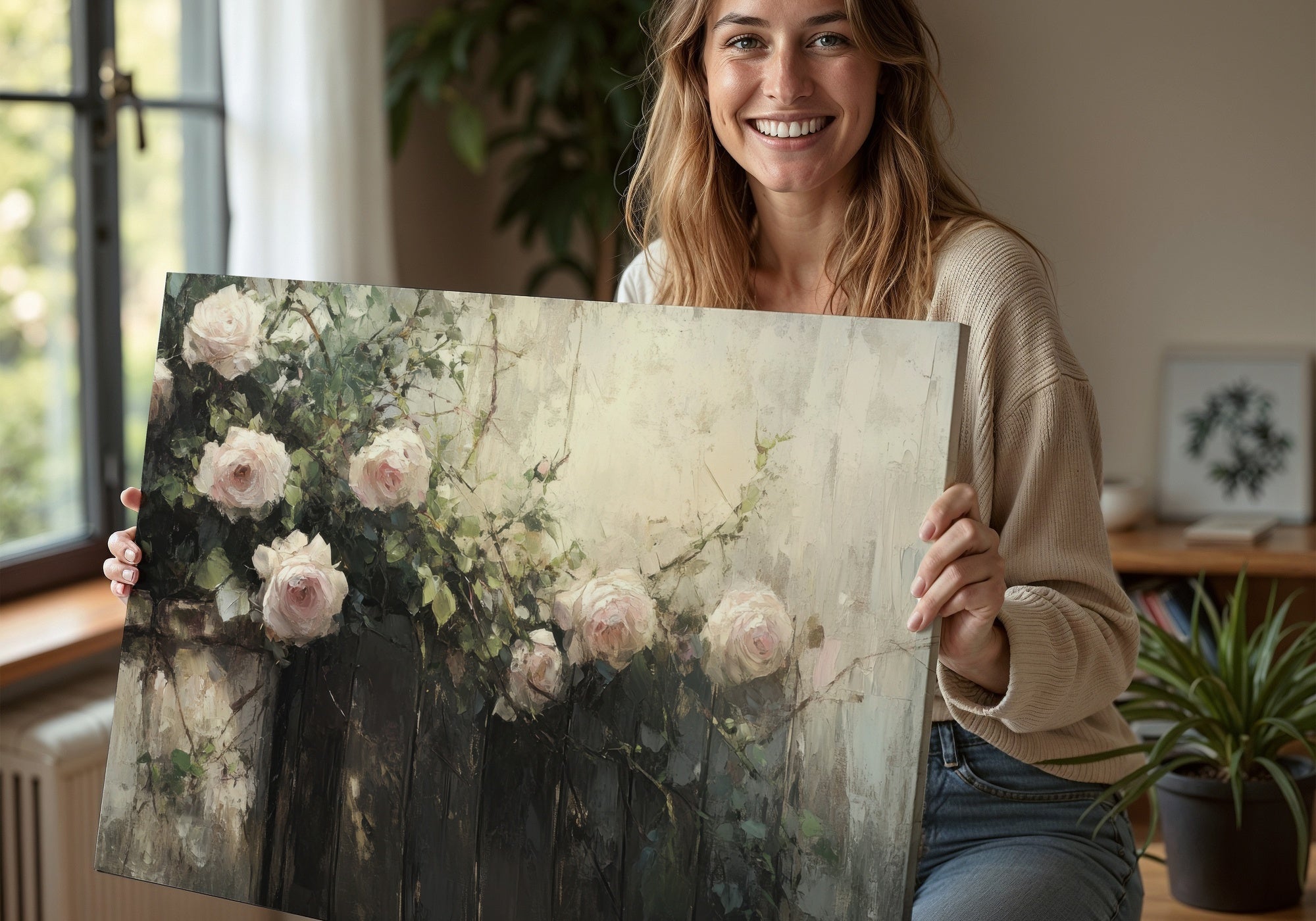 Smiling woman holding a botanical art print featuring delicate white roses and green foliage, painted in soft natural tones, with warm daylight and cozy home decor in the background