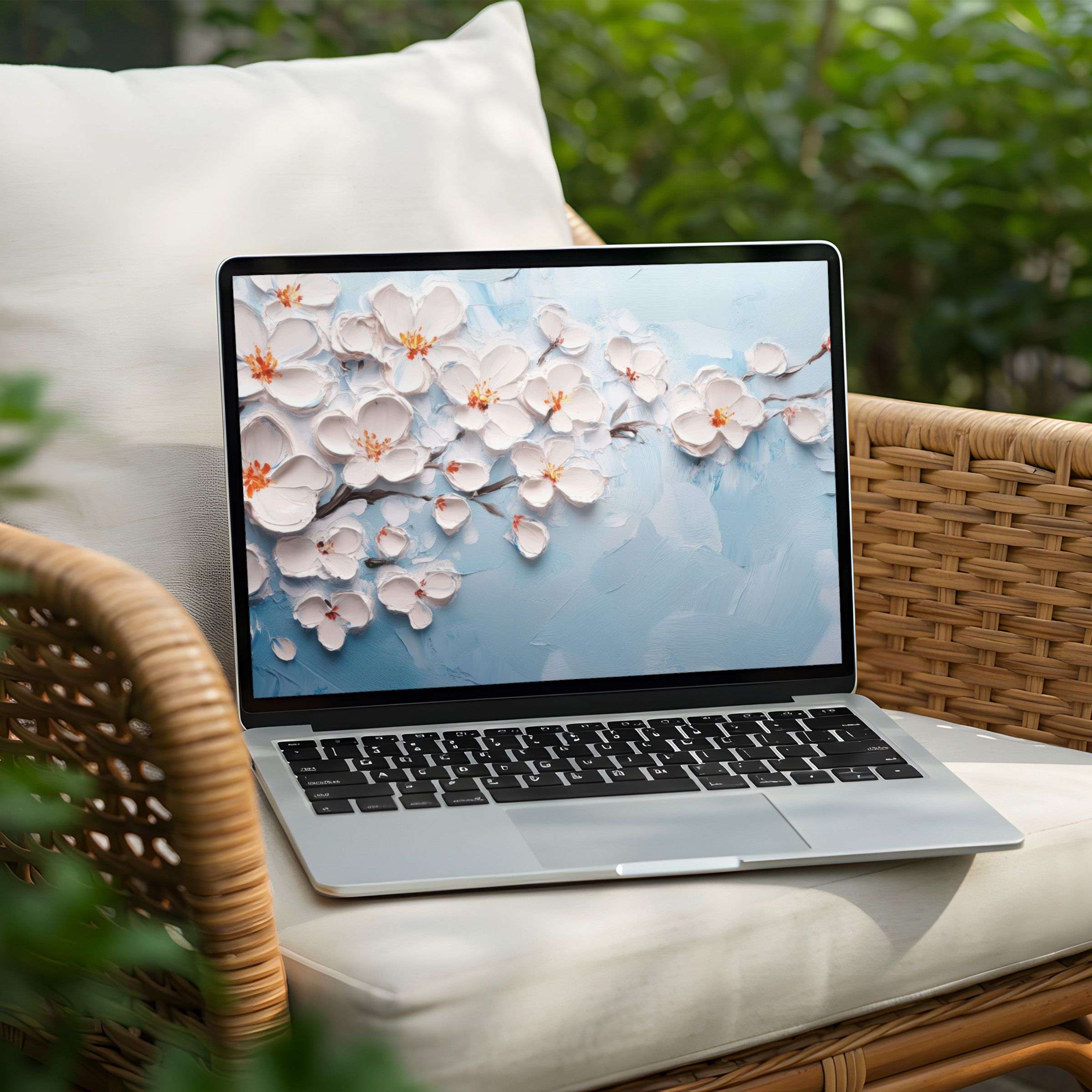 Botanical desktop wallpaper featuring textured cherry blossom flowers in soft pink and white tones on a light blue background, displayed on a laptop in a cozy outdoor setting - perfect for adding a fresh and elegant touch to your workspace