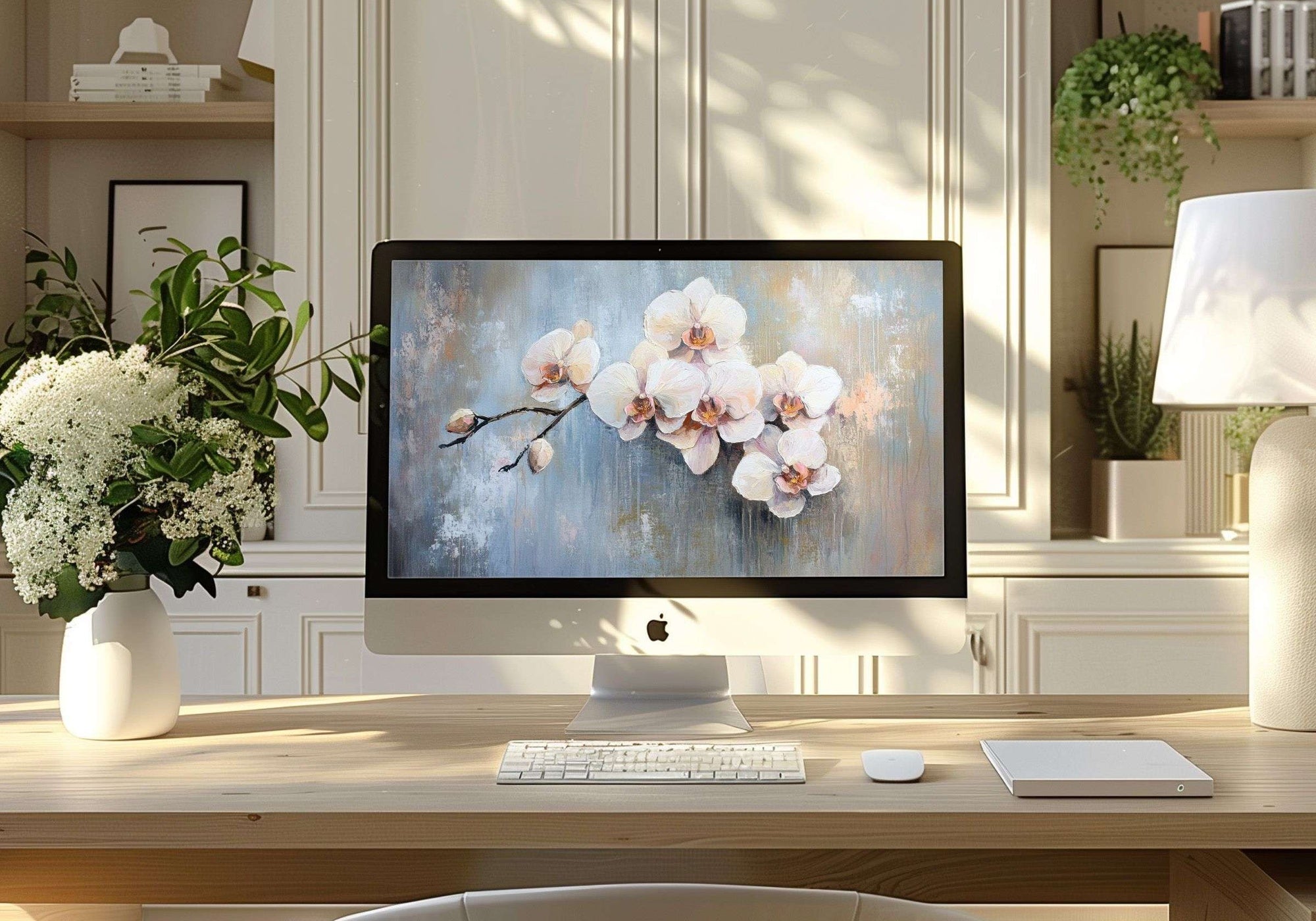 A serene botanical desktop wallpaper featuring delicate orchid blossoms painted in soft impressionist strokes. The artwork blends gentle pastels and natural textures, creating a calming and elegant ambiance for your digital workspace. Perfect for modern home offices seeking beauty and tranquility