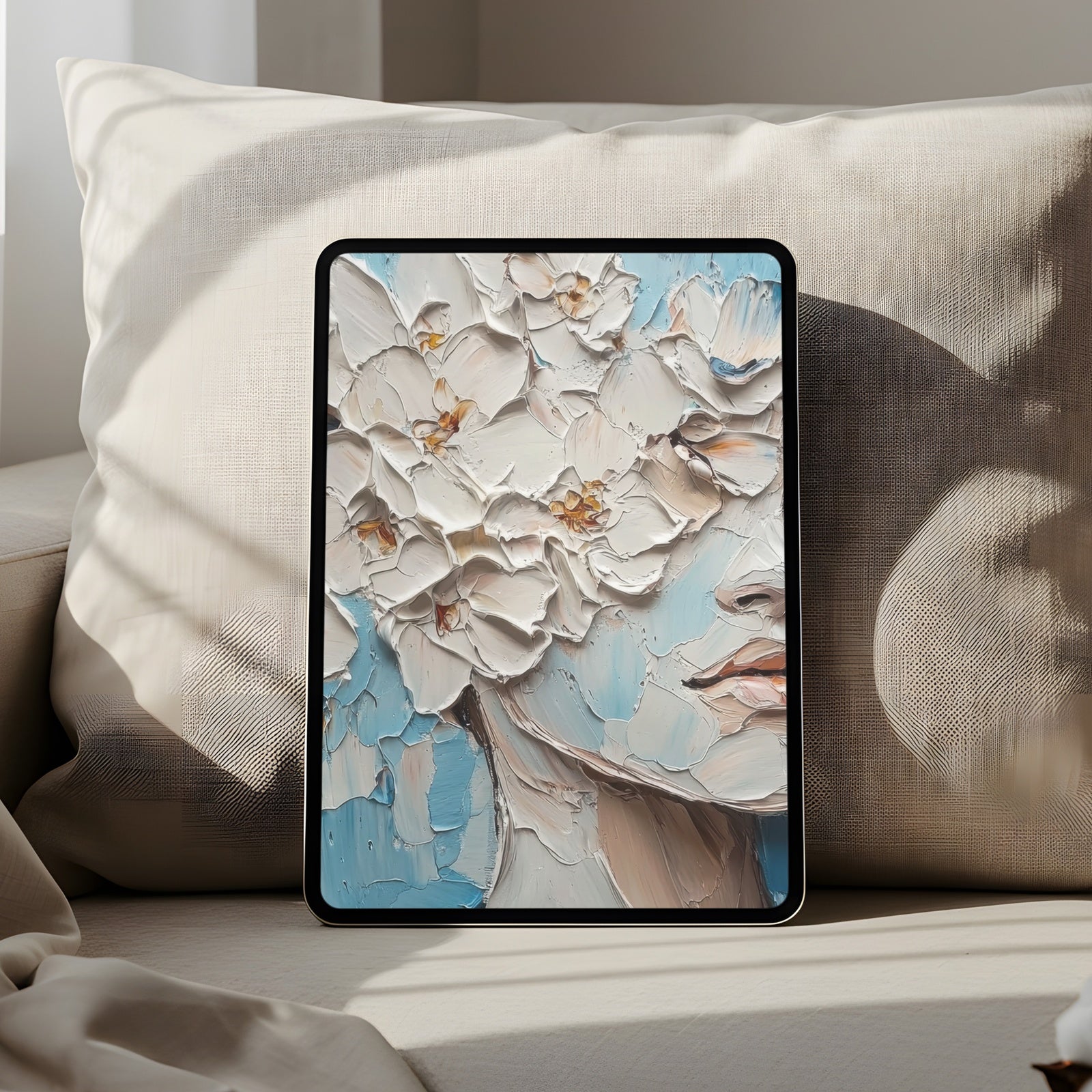 Artistic iPad wallpaper featuring a textured floral portrait with white blossoms and soft blue tones, blending elegance, femininity, and modern botanical style