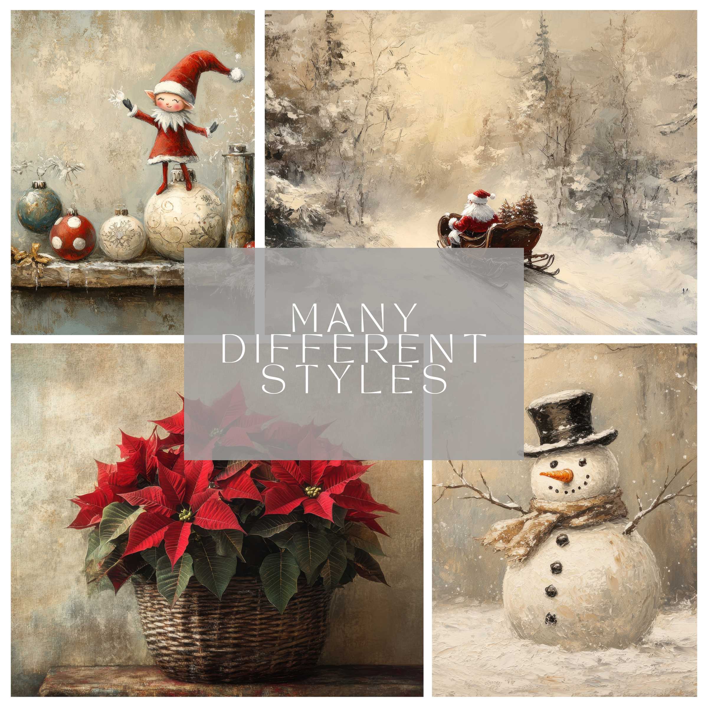 Festive computer background with elegant winter scenes, featuring snowman, poinsettia, and Santa, perfect for a curated high-resolution digital download