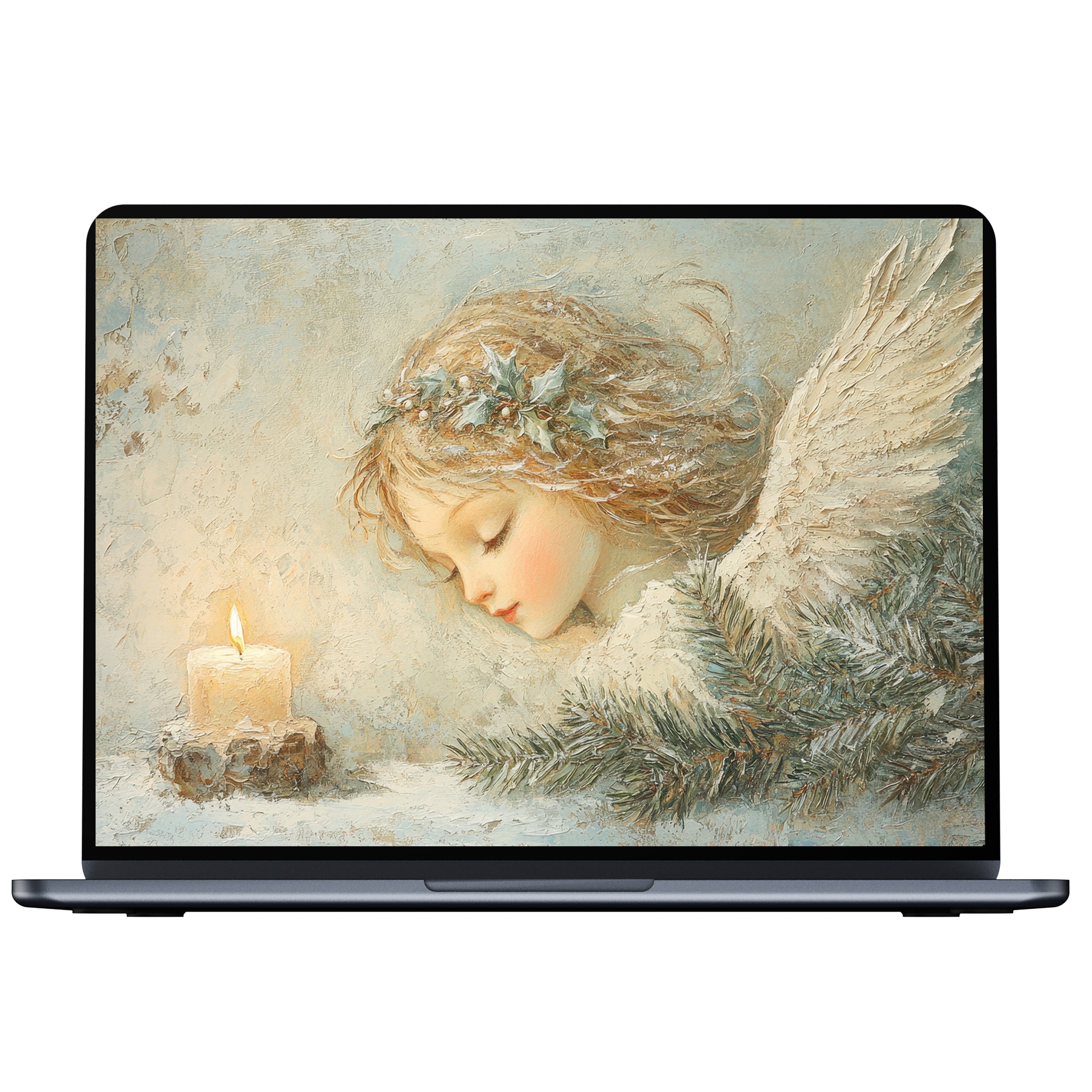 Elegant angelic Christmas desktop wallpaper digital download for PC and laptop offering calm inspiration with serene textures
