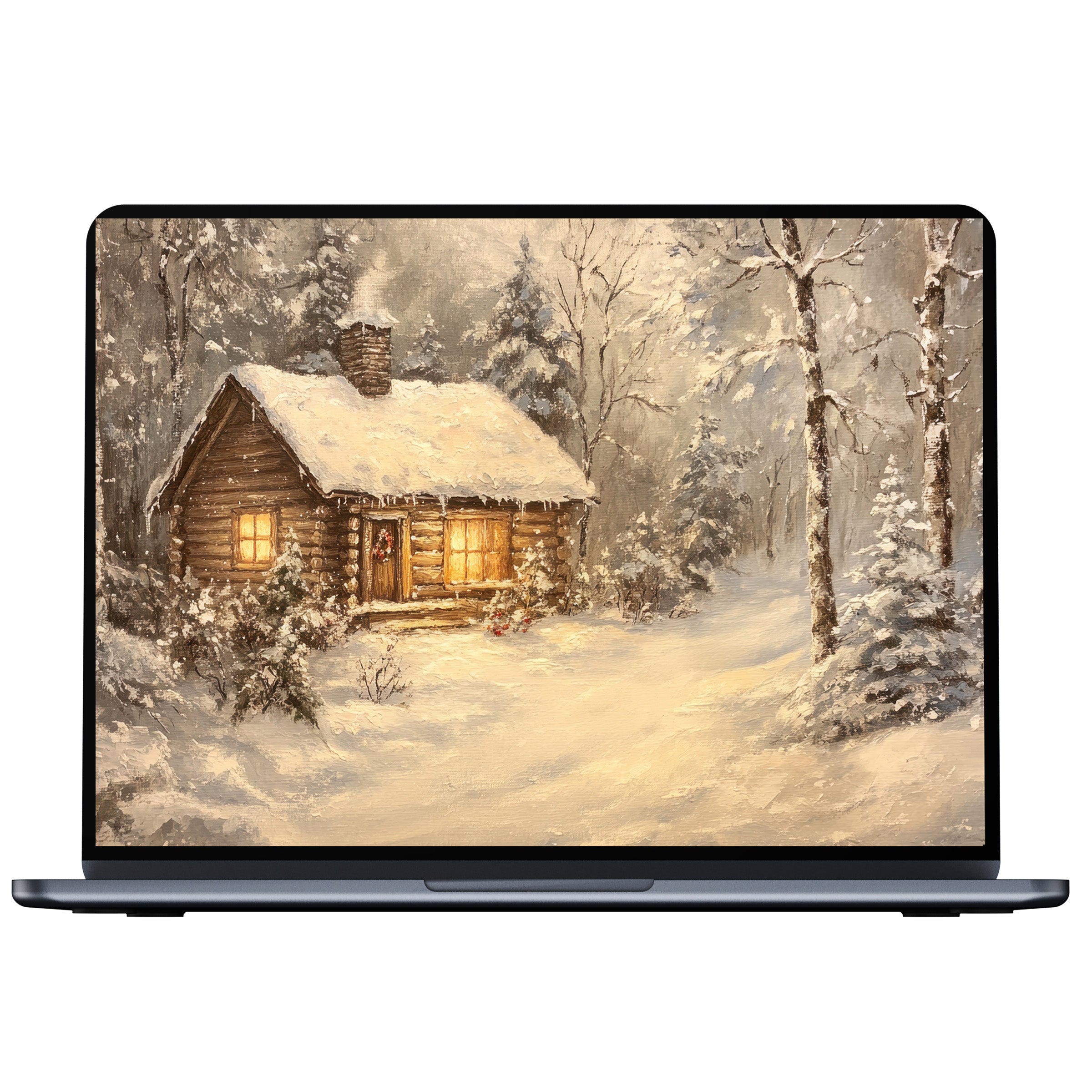 Christmas desktop wallpaper digital download featuring a snowy cabin scene, perfect for PC, laptop, or Mac users seeking elegance