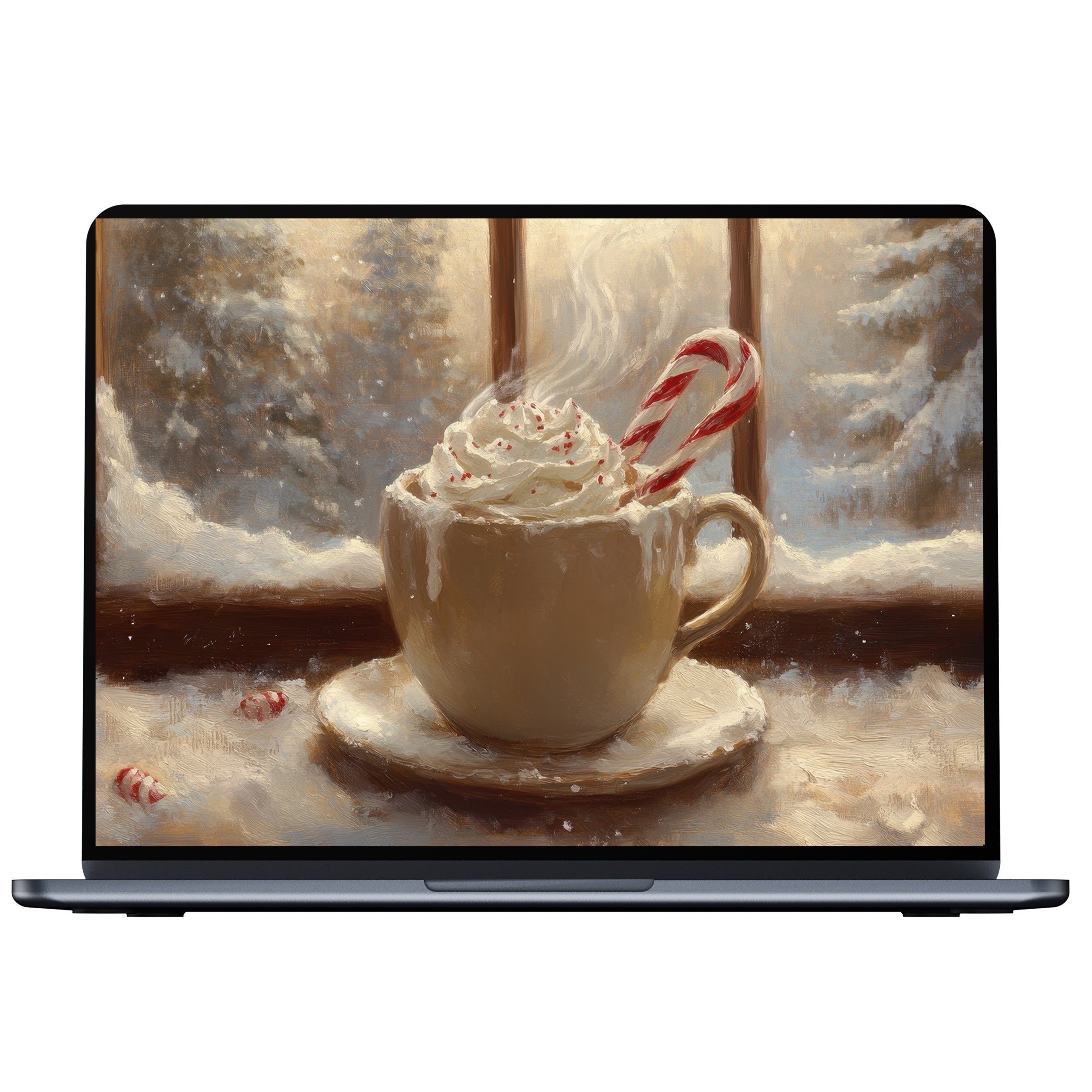 Christmas desktop wallpaper featuring a cozy mug with candy cane by a snowy window perfect digital download for PC or laptop