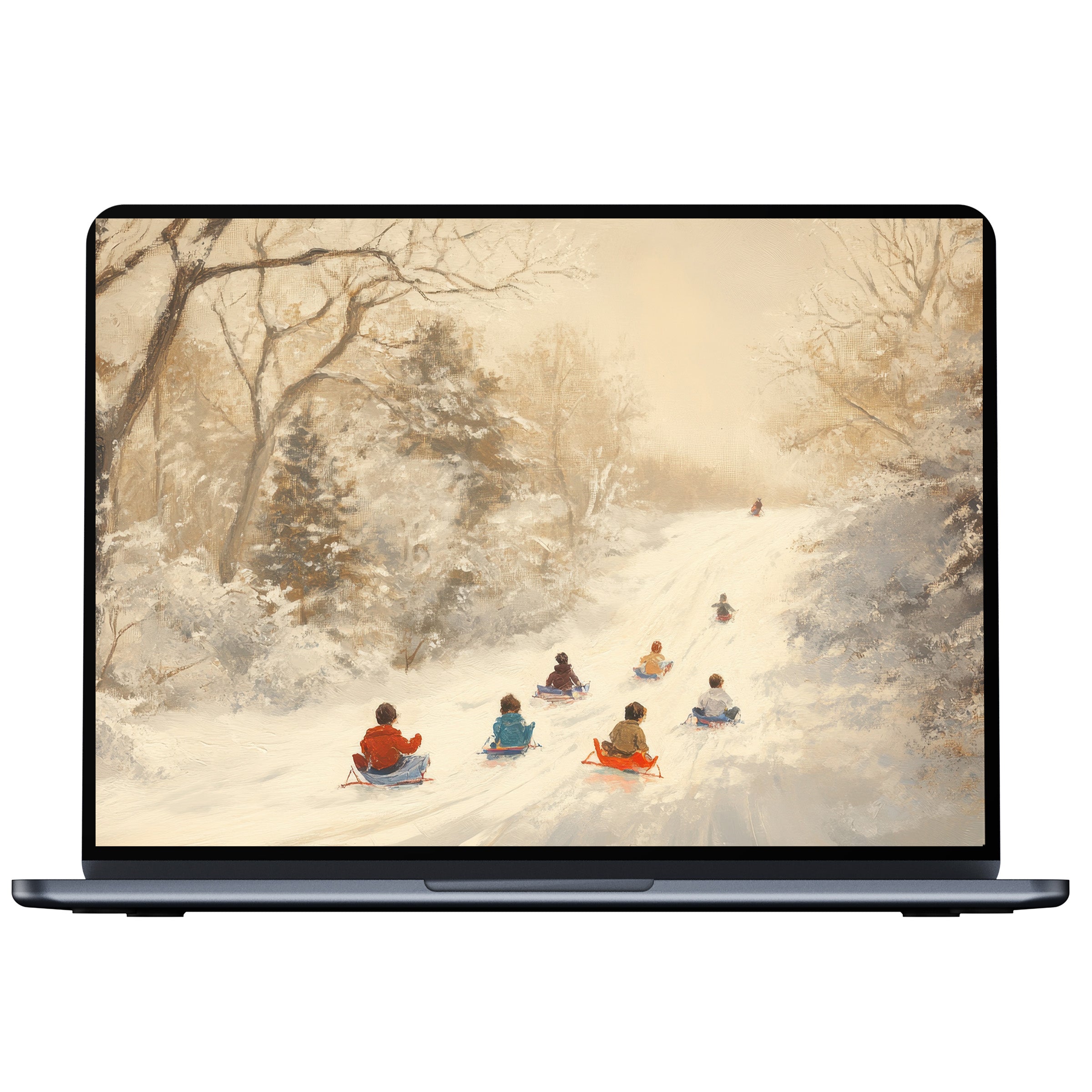 Christmas desktop wallpaper digital download with serene snowy landscape and sledding scene ideal for PC and laptop screens