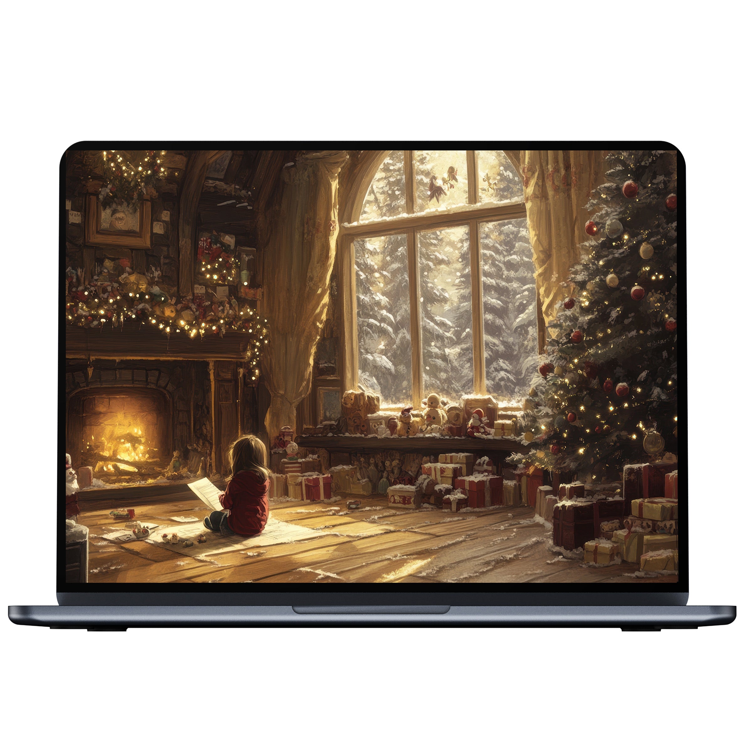 Christmas desktop wallpaper with cozy fireplace glow and decorated tree evokes warmth and serenity for PC or laptop digital download