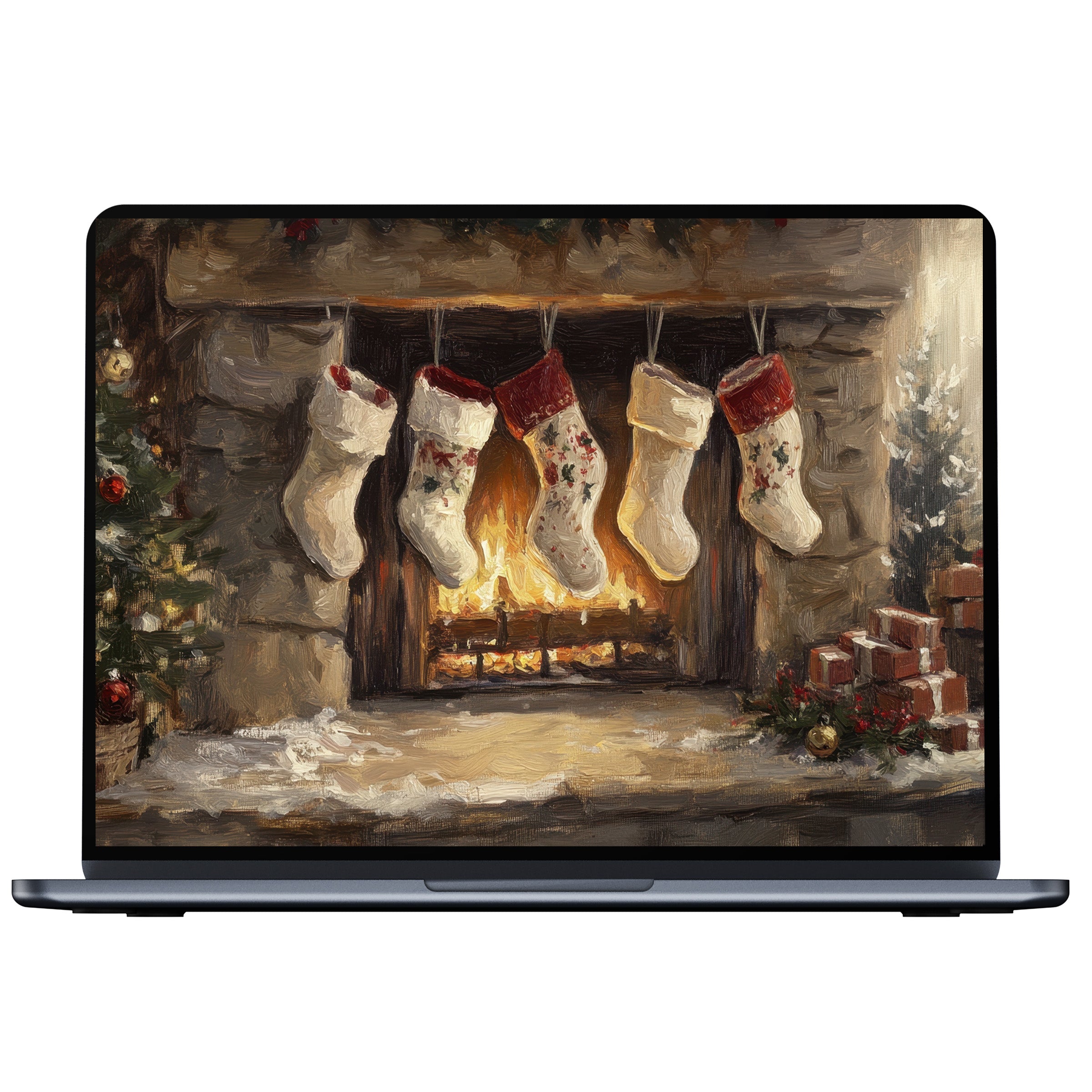 Warm, artistic Christmas desktop wallpaper with stockings by the fireplace enhances PC or laptop ambiance; digital download for elegance