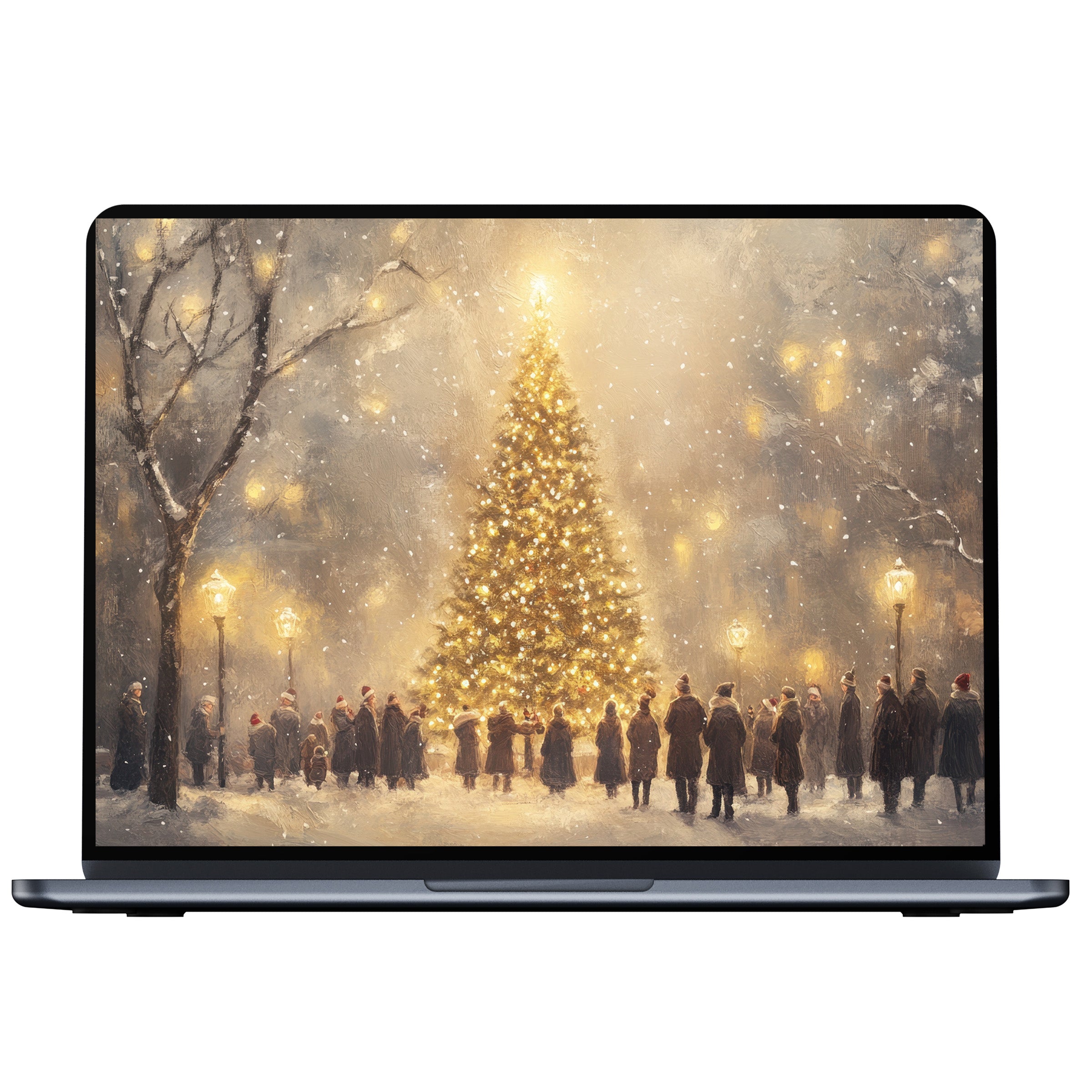 Elegant christmas desktop wallpaper digital download of a glowing tree in snowy park for PC laptop Mac fostering calm inspiration