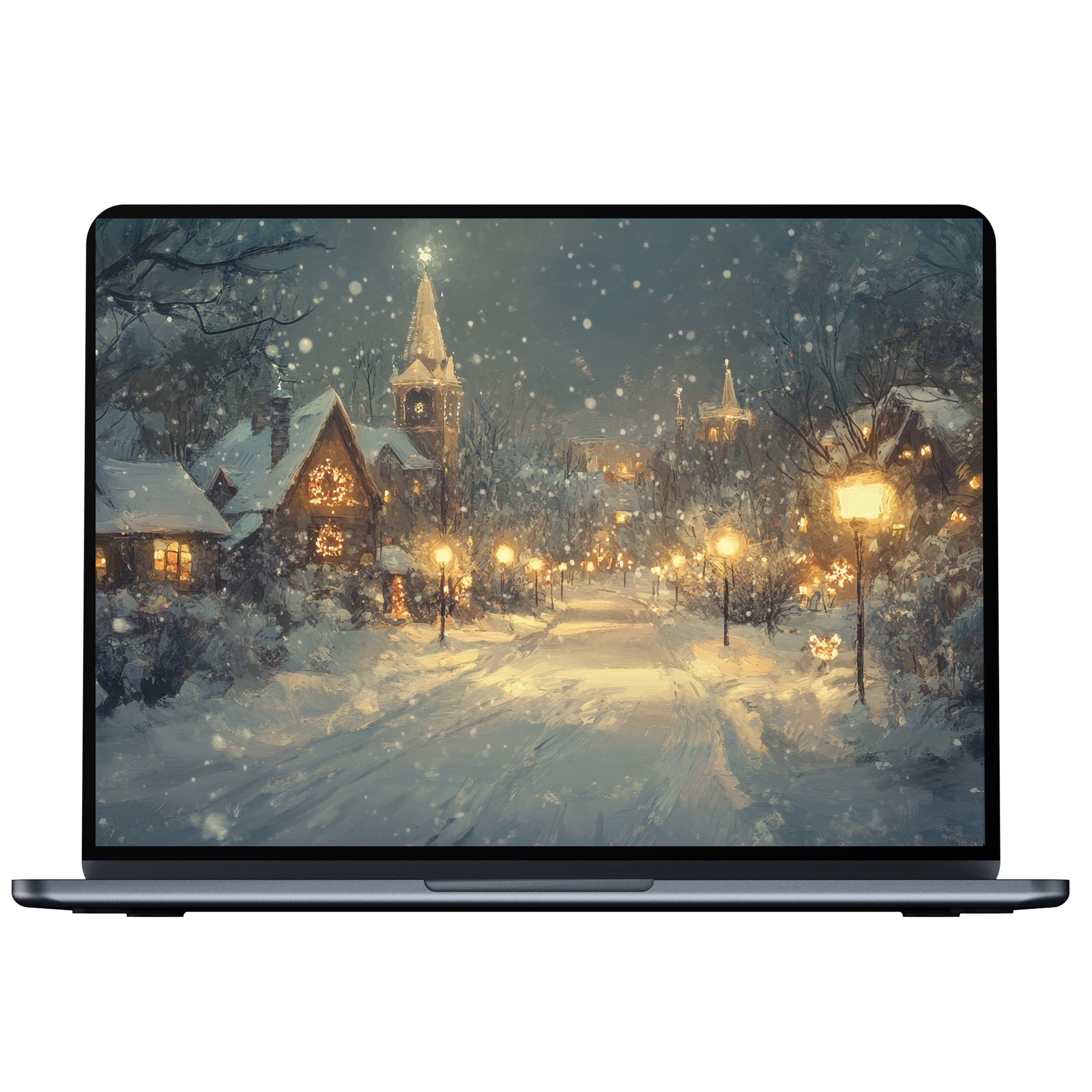 Cozy Christmas desktop wallpaper for PC and laptop digital download featuring serene snow-covered village under soft glowing lights