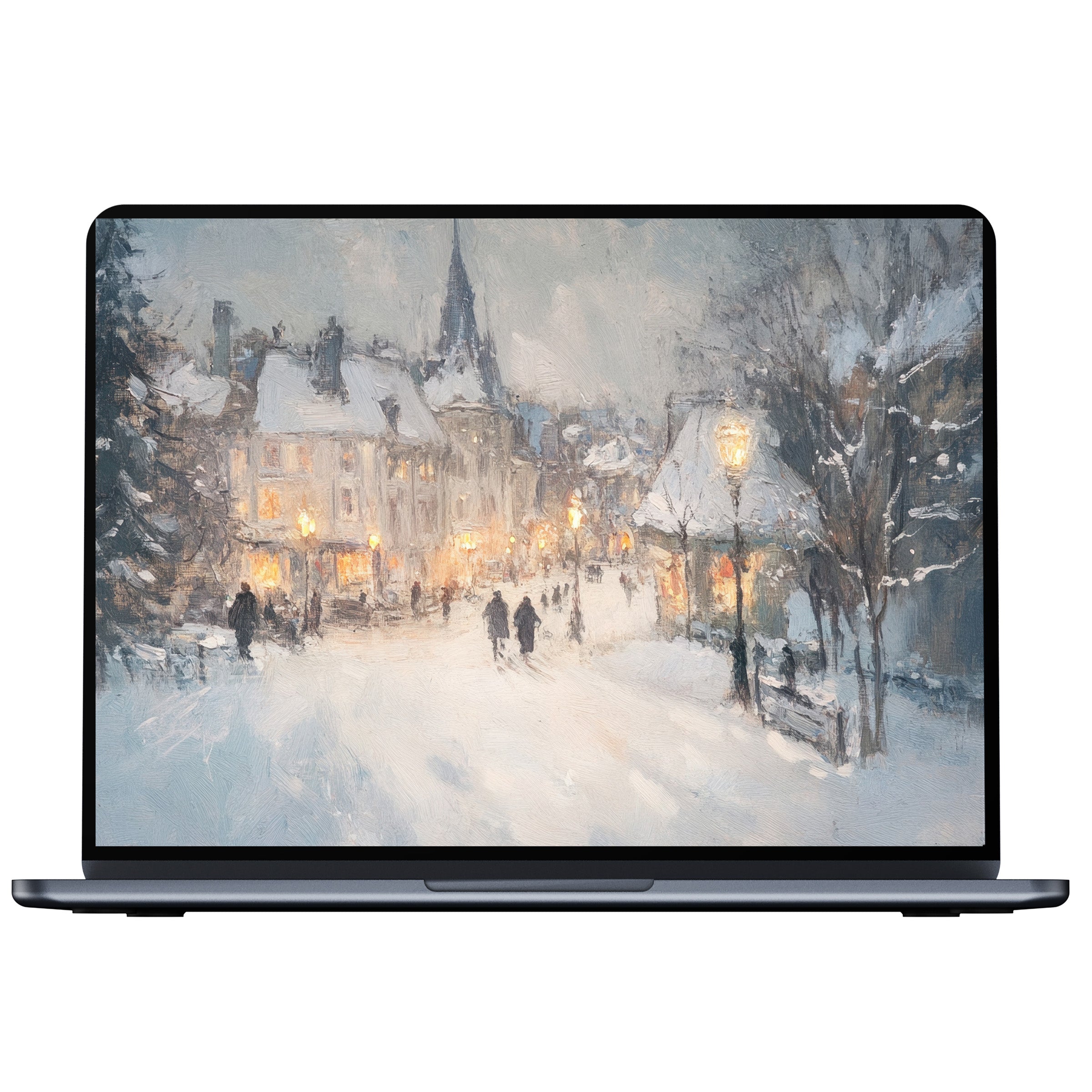 Elegant Christmas desktop wallpaper showcasing a serene snowy village in winter for digital download on PC or laptop display