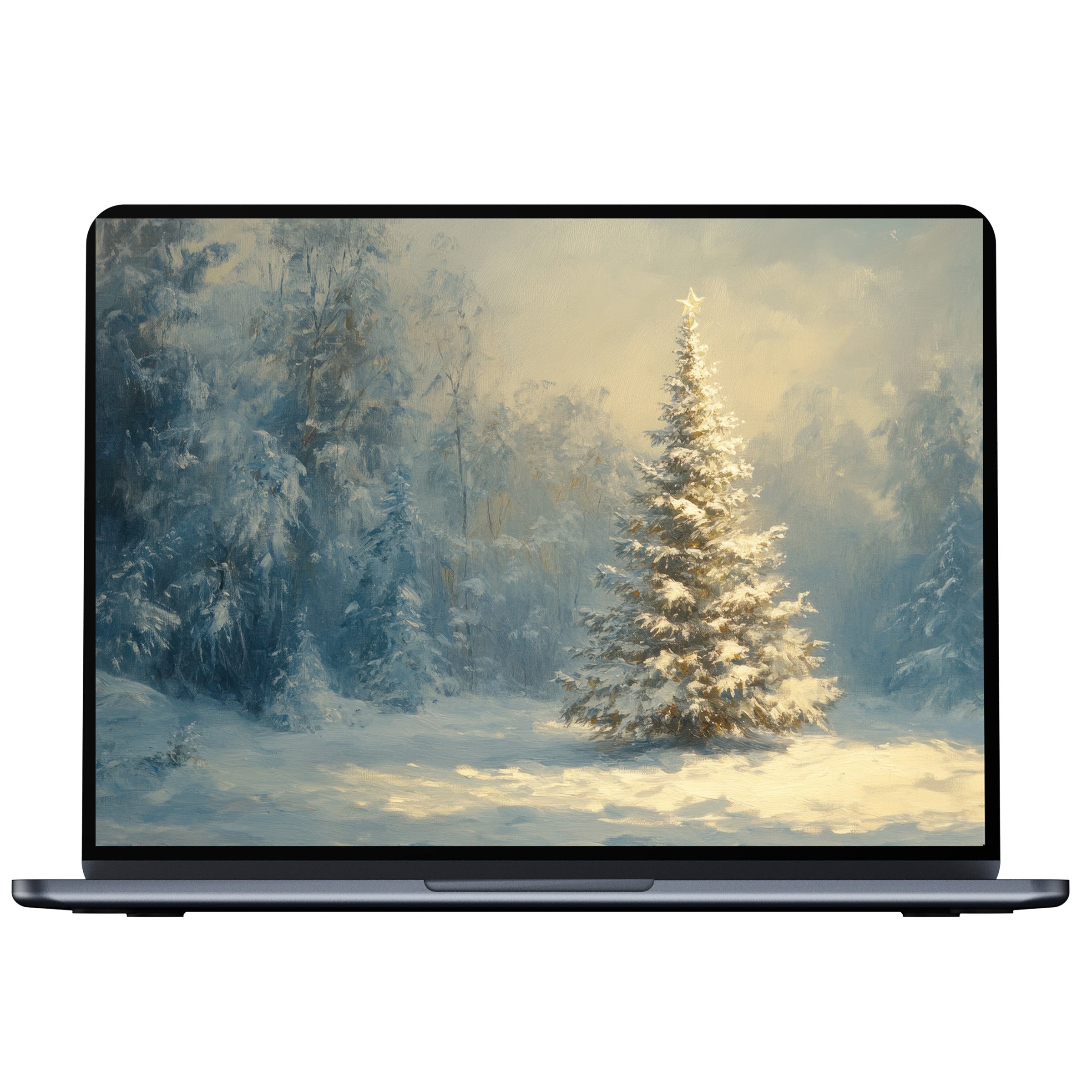 Serene christmas desktop wallpaper art with snowy pine tree, perfect digital download for elegant PC, laptop, or Mac displays