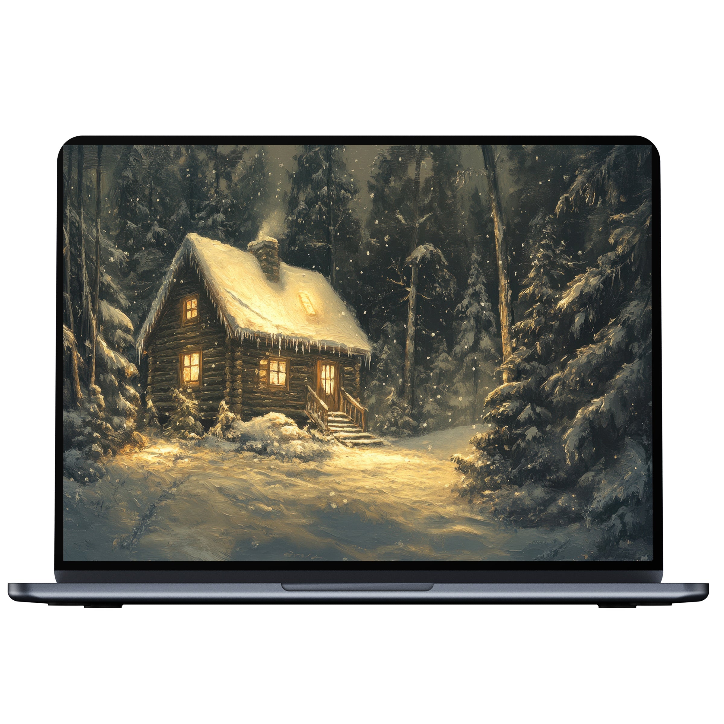 Cozy log cabin in snowy forest setting offers calm inspiration as a Christmas desktop wallpaper for PC or laptop digital download