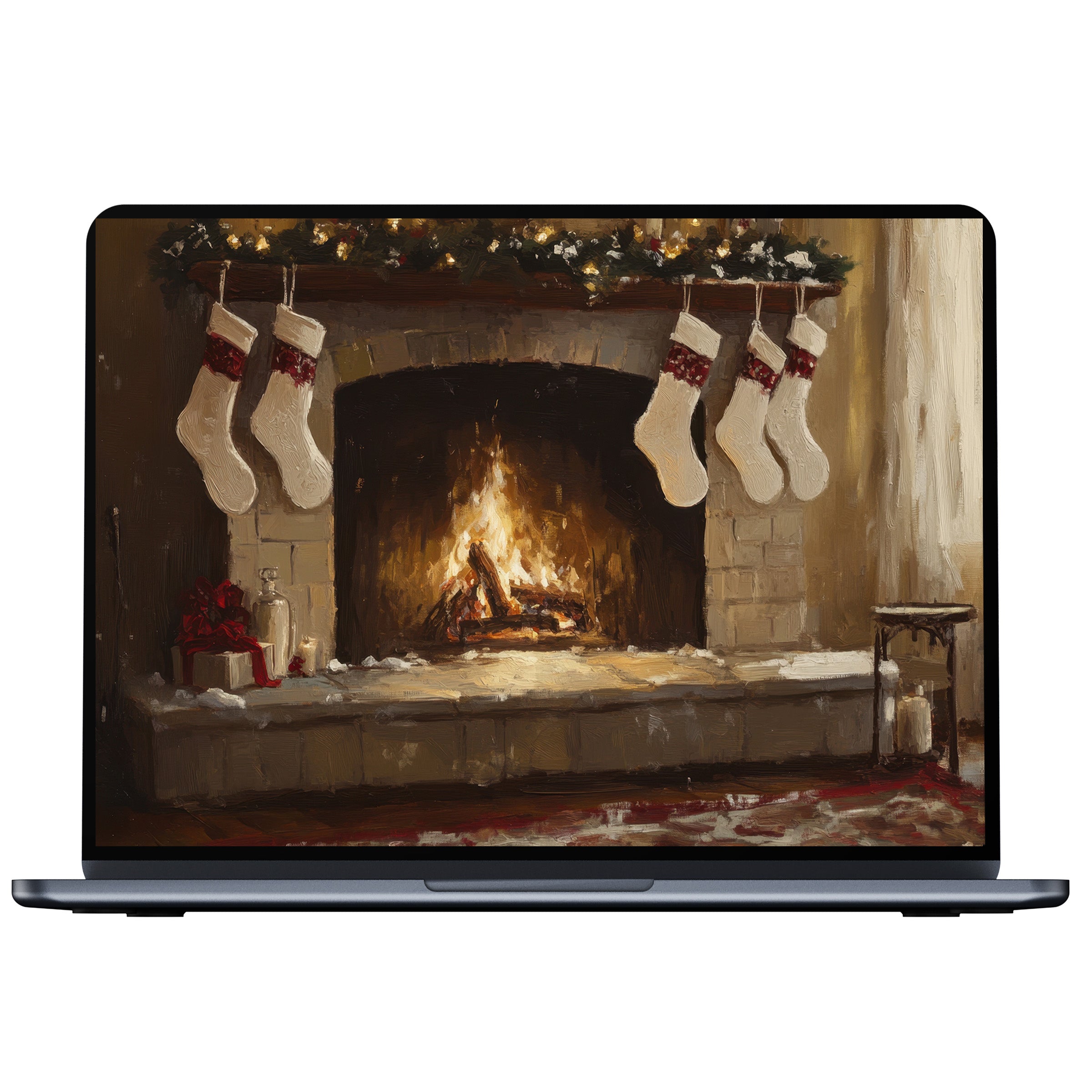 Cozy Christmas desktop wallpaper with a hearth scene for PC and laptop digital download delivering elegance and calm enjoyment