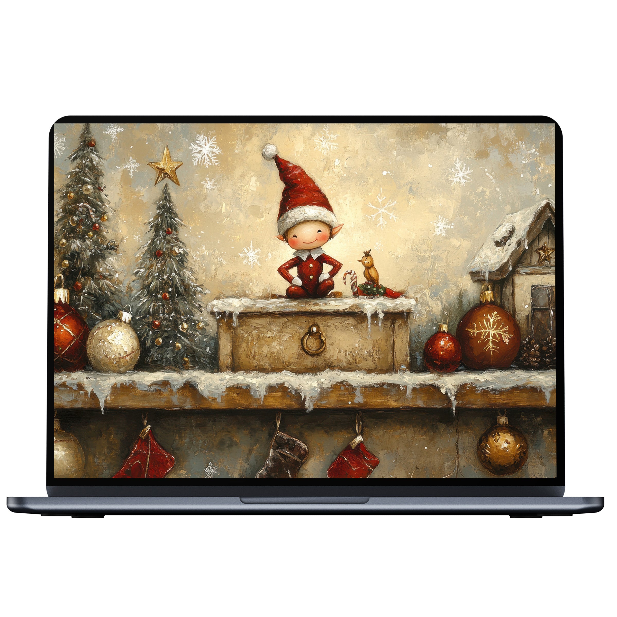 Cozy digital download of a Christmas desktop wallpaper featuring a whimsical elf among snowy decor, ideal for PC and laptop use