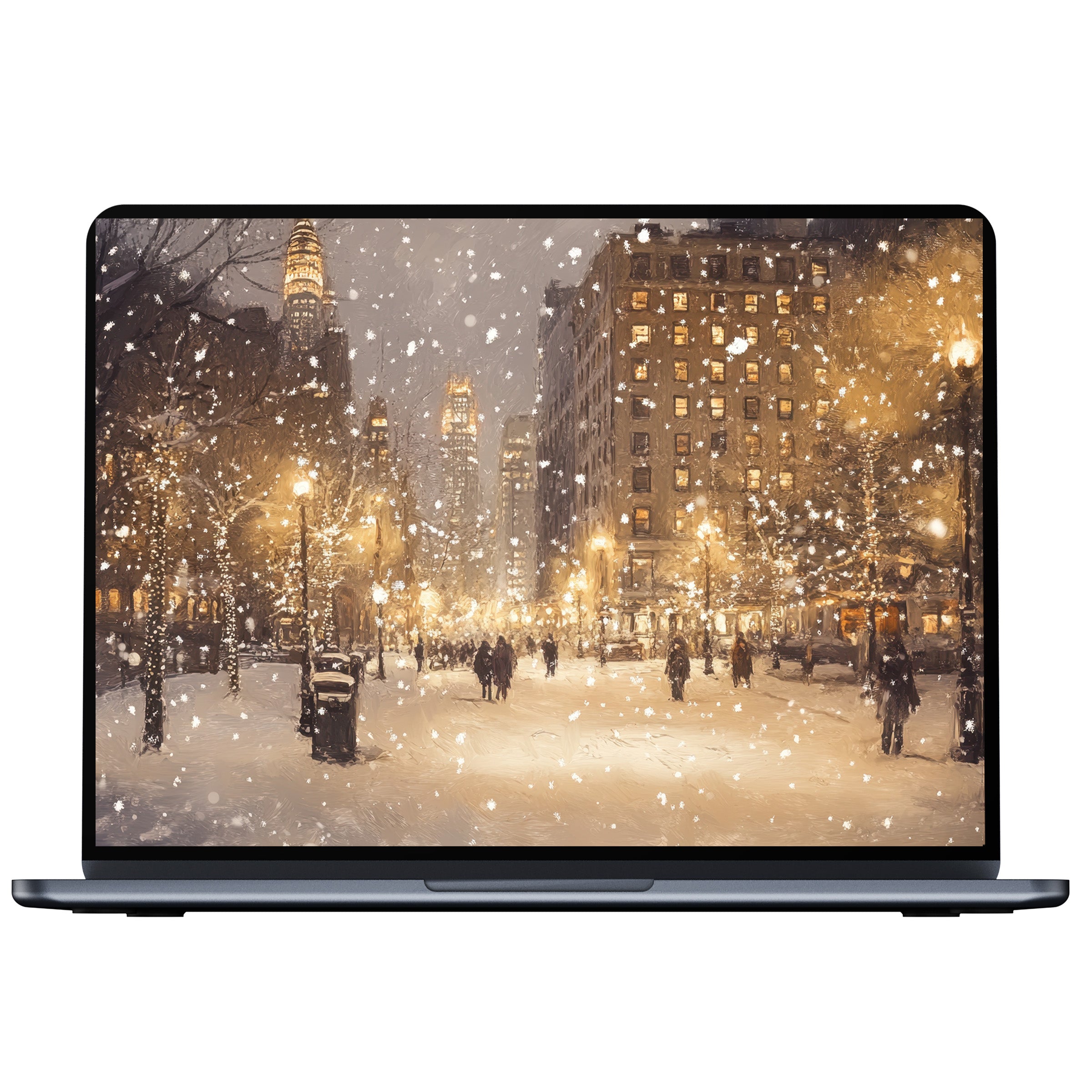 Elegant Christmas desktop wallpaper for digital download features serene snowy city scene, perfect for PC, Laptop, or Mac