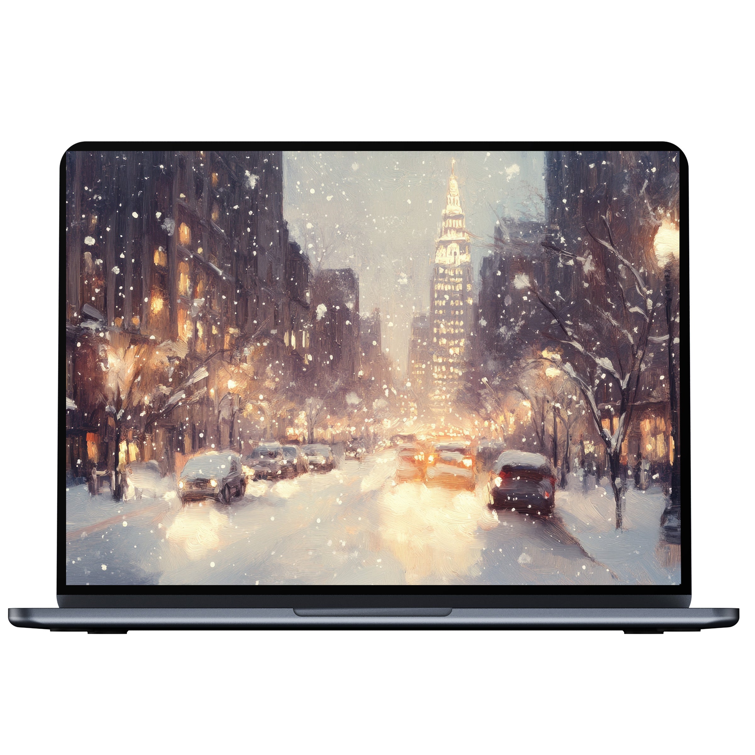 Elegant Christmas desktop wallpaper in painterly style features a serene snowy cityscape for PC and laptop digital download mood