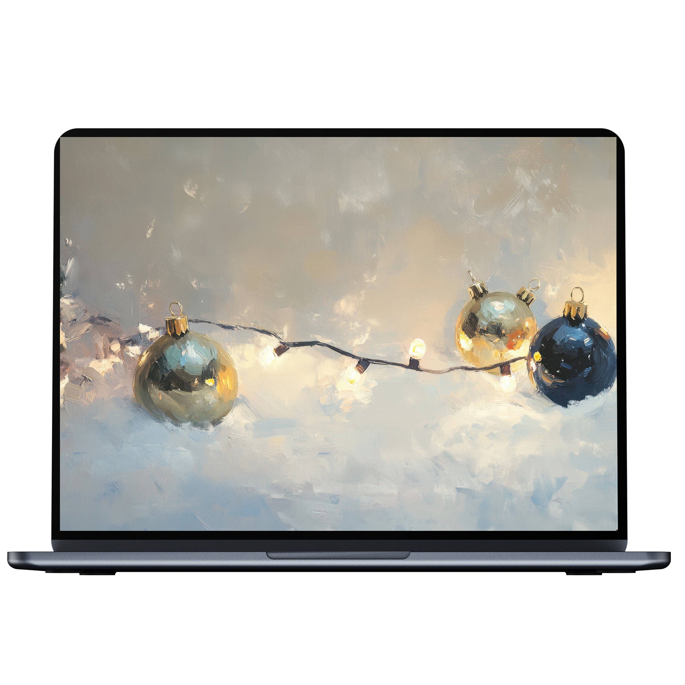 Elegant Christmas desktop wallpaper showing serene baubles and lights in soft tones perfect for PC or laptop digital download