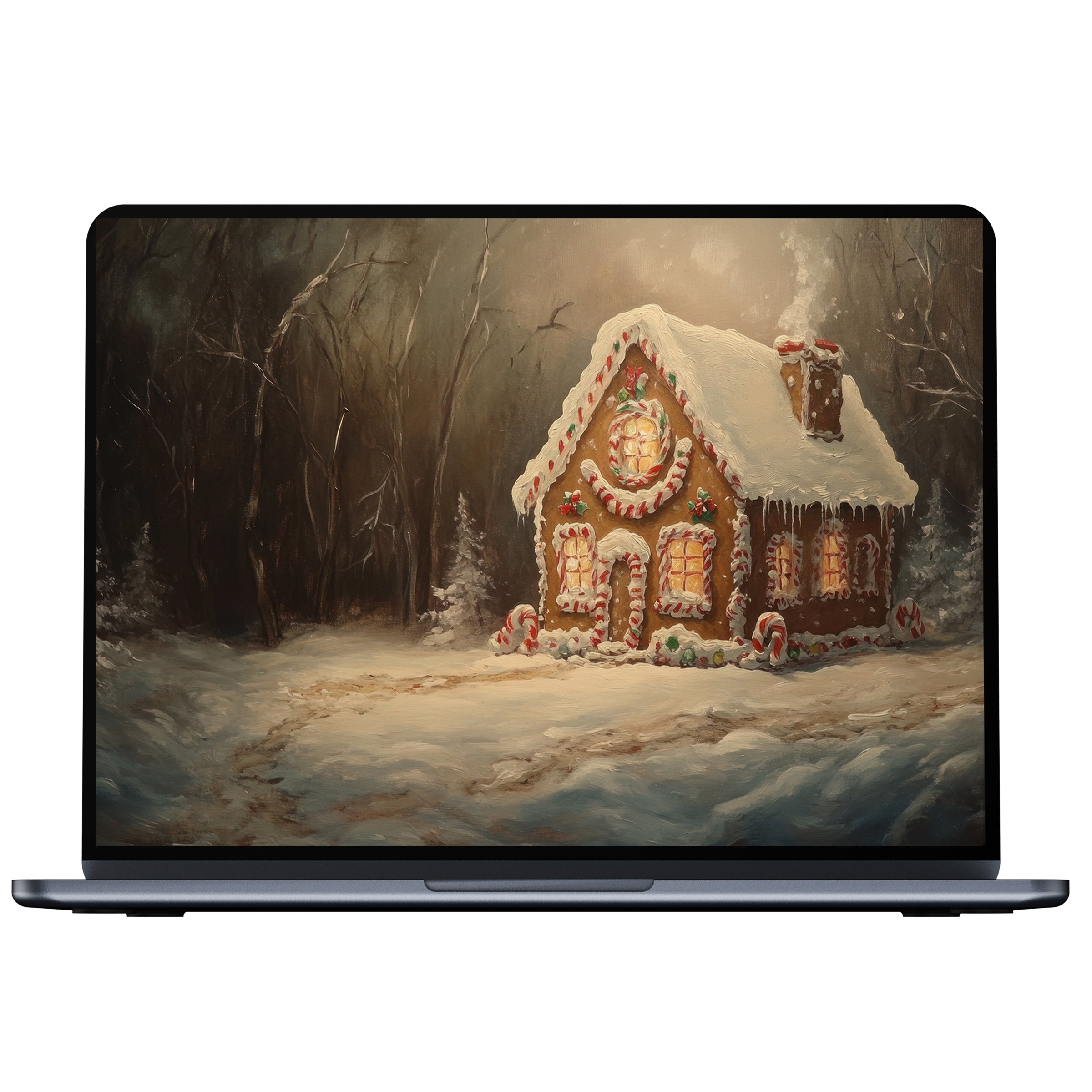 Enchanting gingerbread house in snow offers a peaceful christmas desktop wallpaper digital download for PC or laptop screens