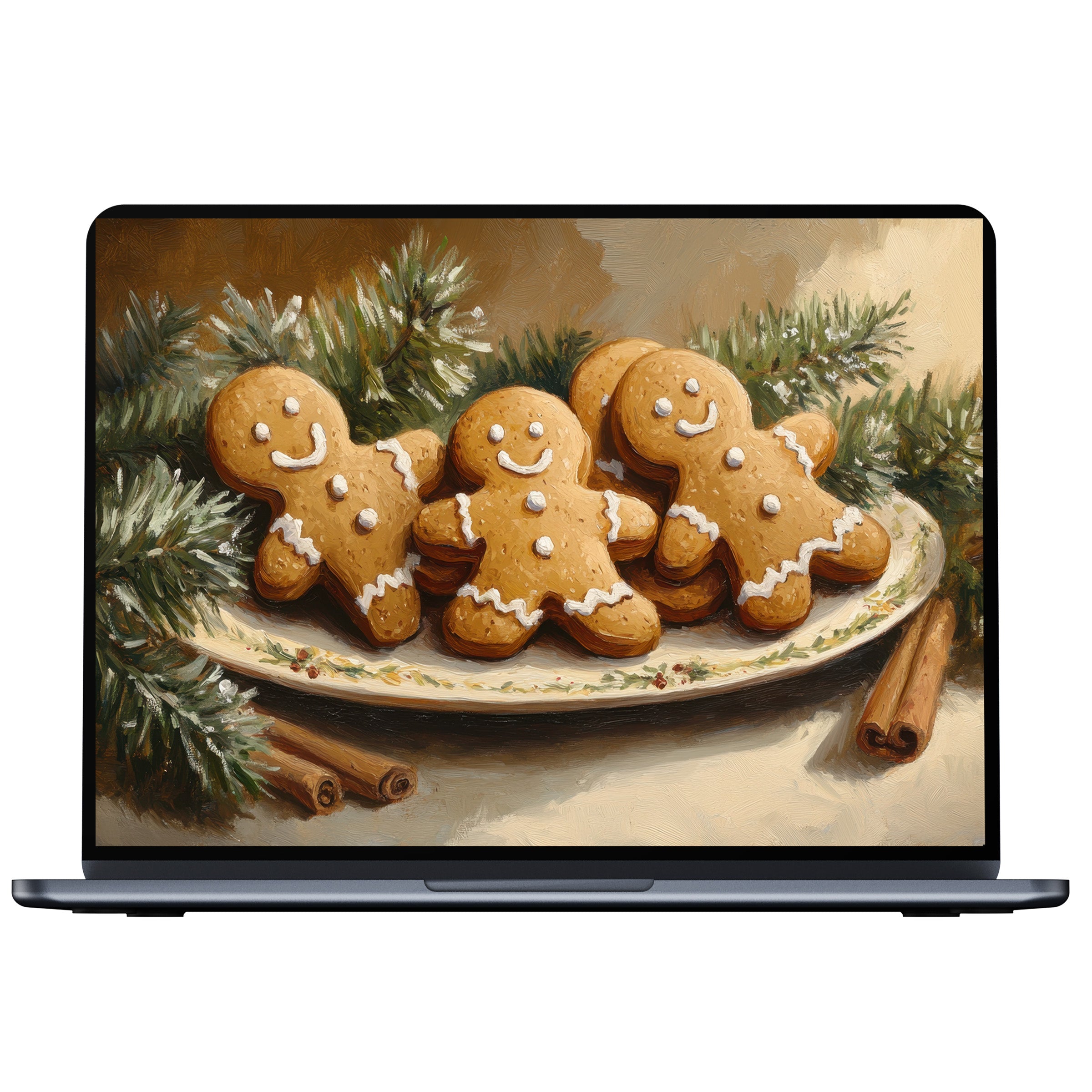 Inspiring christmas desktop wallpaper featuring gingerbread cookies on a festive plate with pine branches for PC or laptop digital download