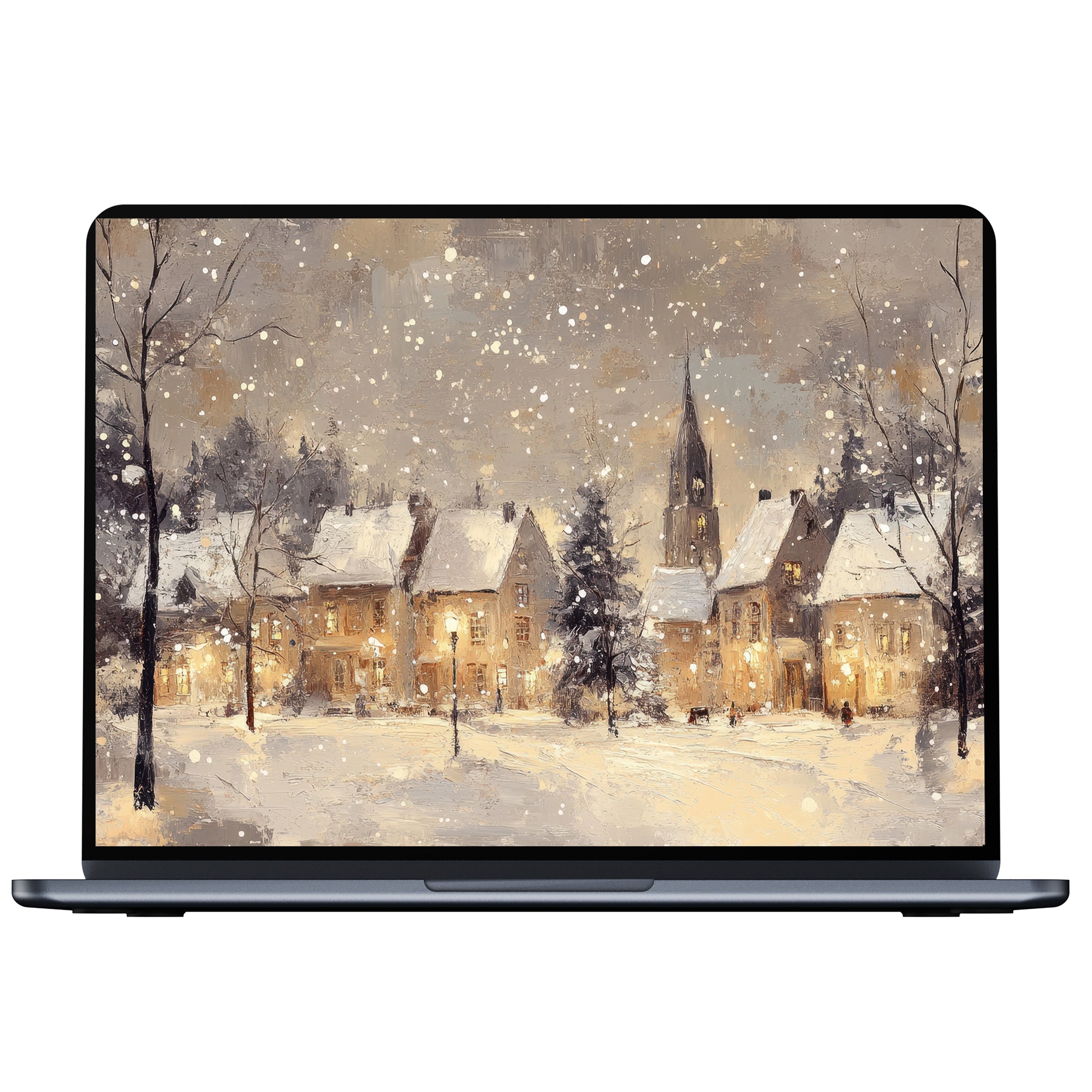 Enchanting Christmas desktop wallpaper for PC and laptop featuring a snowy village scene, perfect digital download for mindful elegance