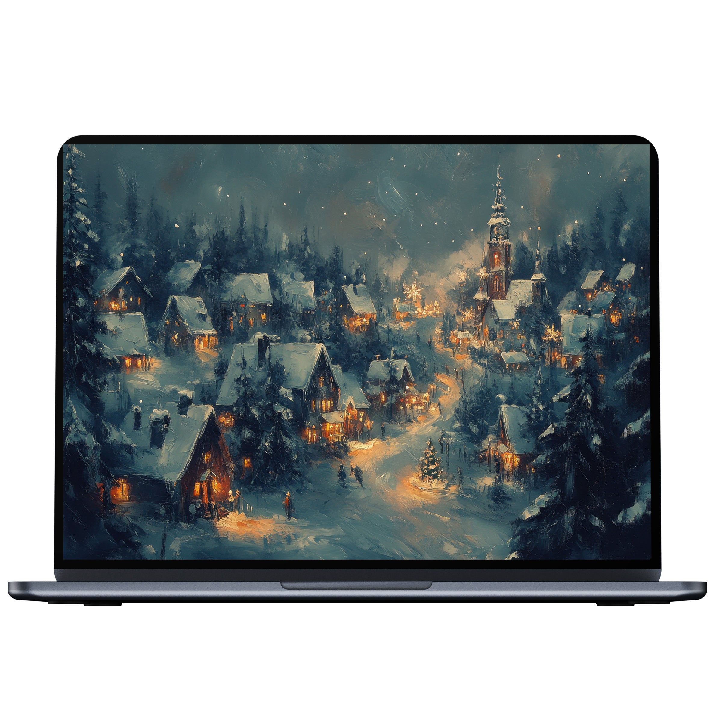 Cozy Christmas desktop wallpaper featuring a snowy village at night, perfect digital download for PC, Laptop, or Mac users seeking elegance