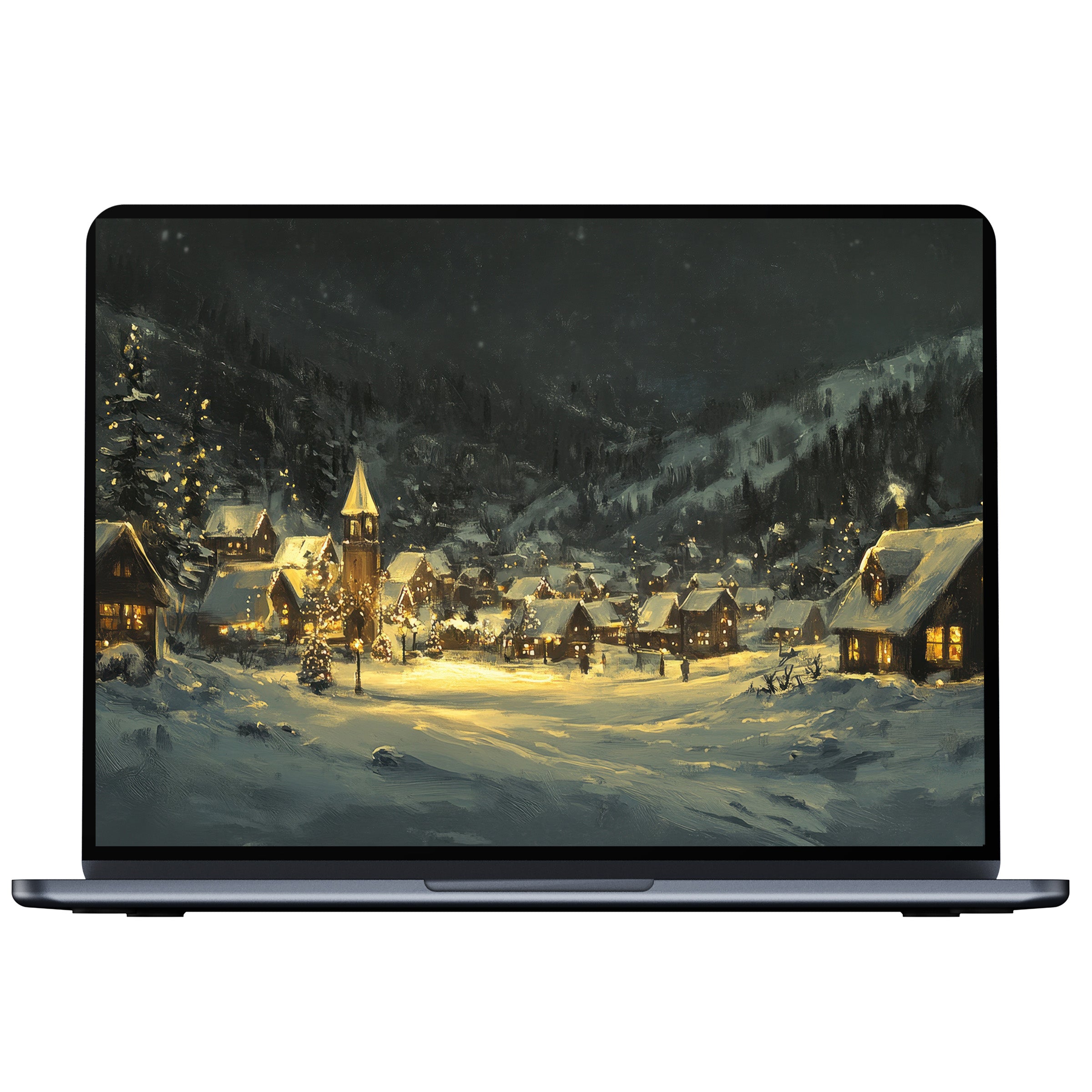 Serene Christmas desktop wallpaper featuring a snow-covered village under a starry night perfect for PC or laptop digital download
