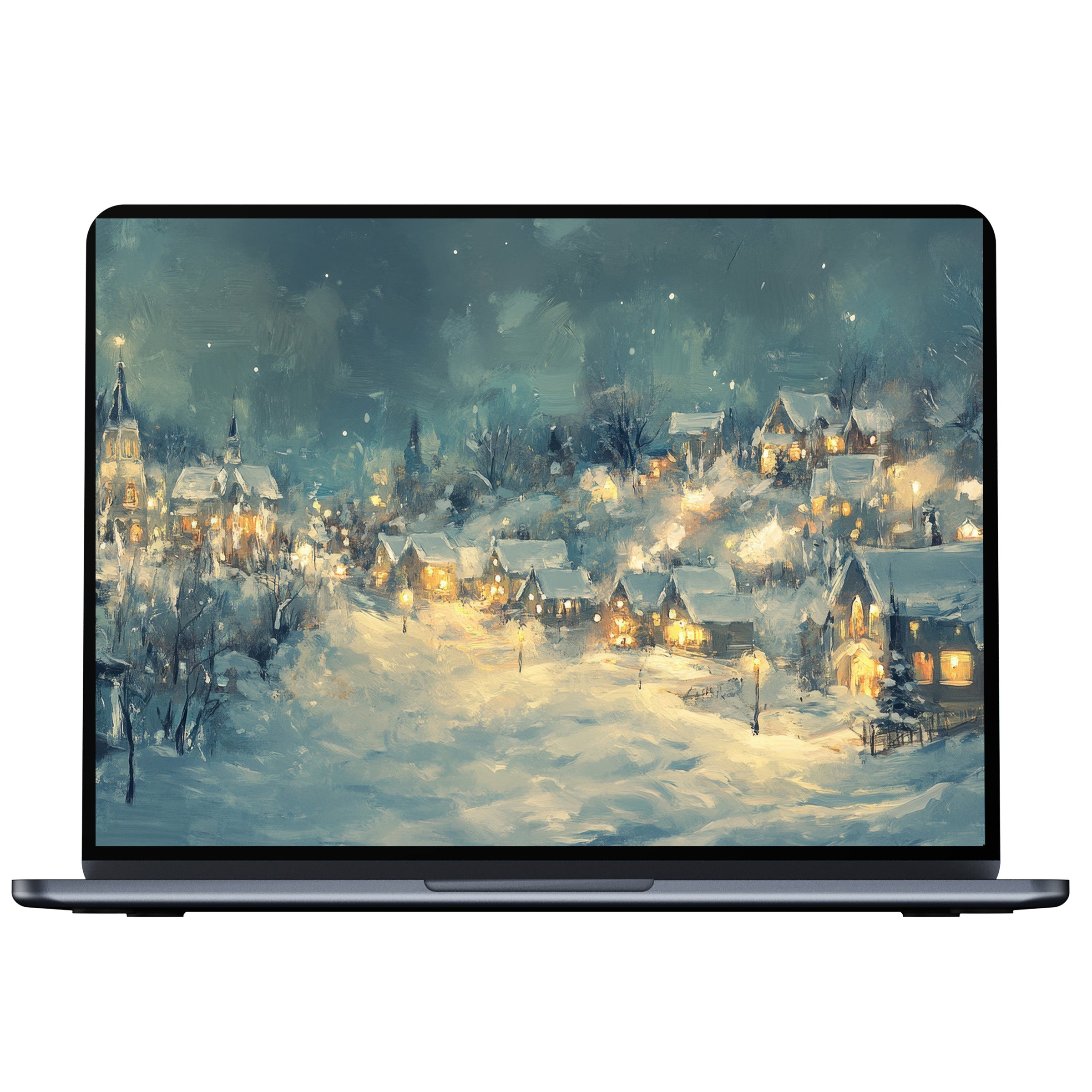 Elegant christmas desktop wallpaper featuring a serene snowy village under a starlit sky digital download for PC and laptop use