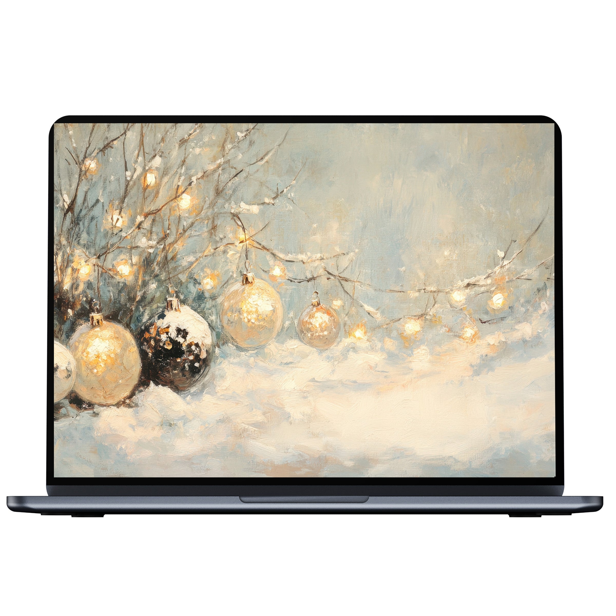 Christmas desktop wallpaper featuring elegant snow-dusted ornaments with warm lights on a soft blue background digital download for PC and laptop