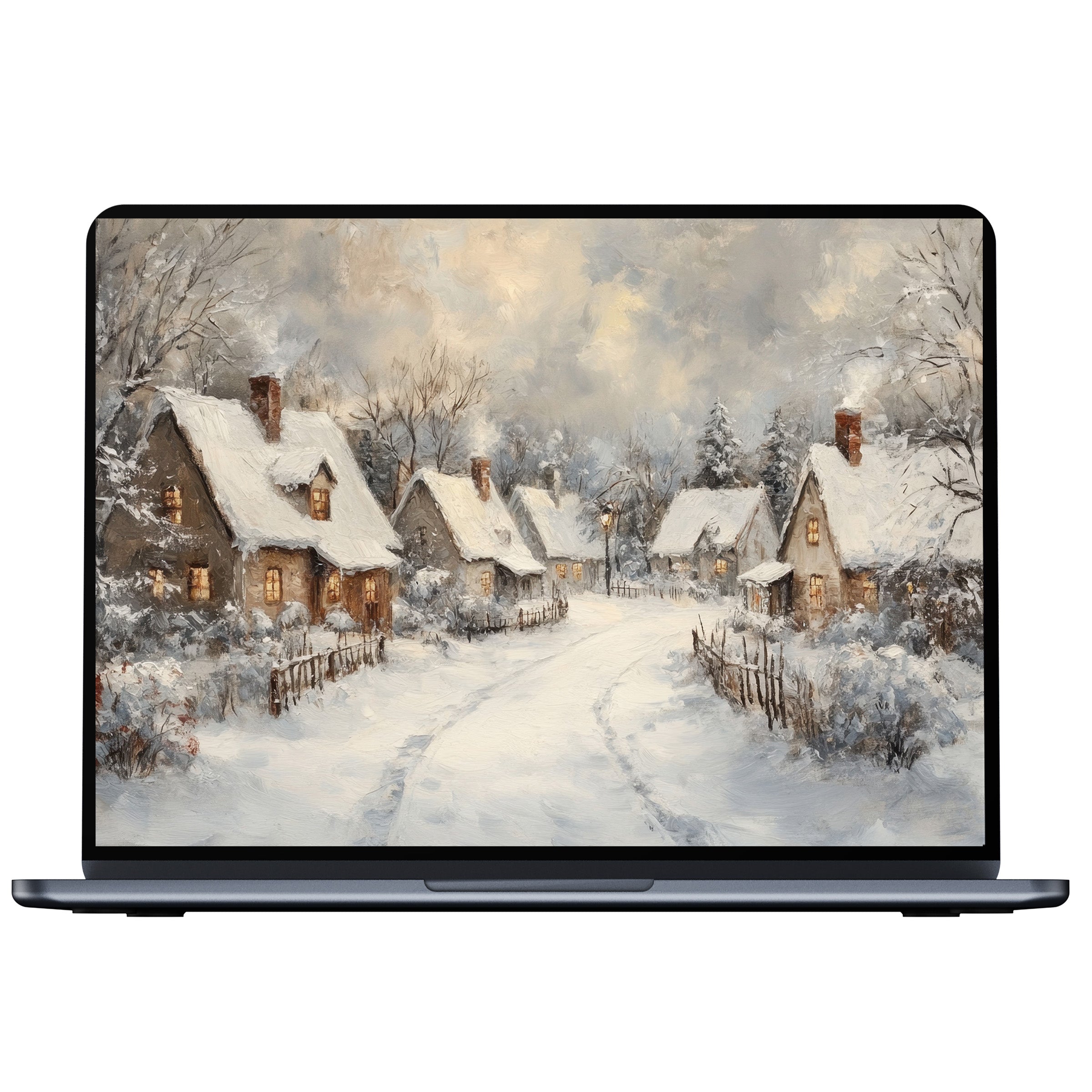 Christmas desktop wallpaper in soothing snowy village scene evokes calm elegance for digital download on PC or laptop Mac