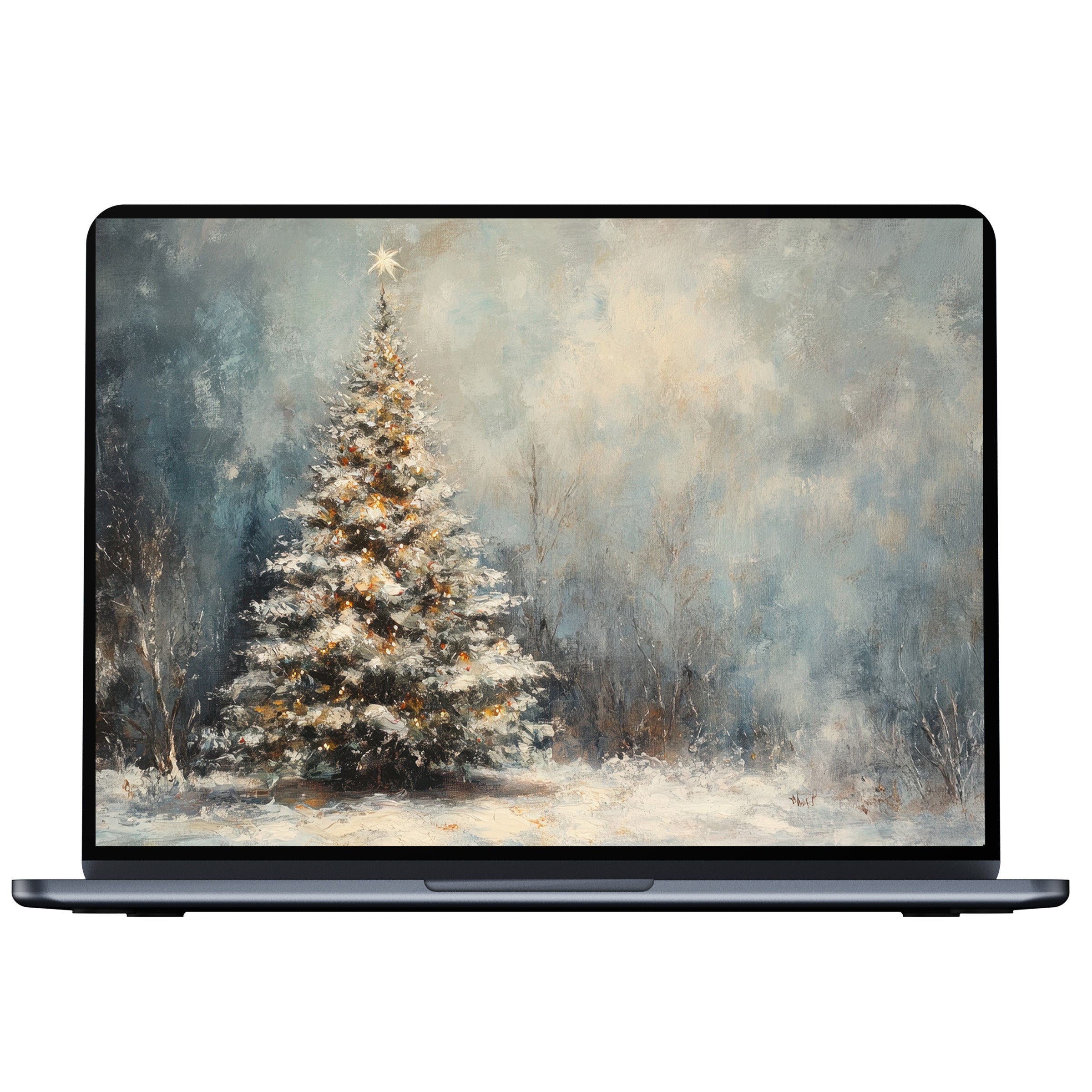 Elegant Christmas desktop wallpaper digital download featuring a serene, snowy tree scene, perfect for PC and laptop displays