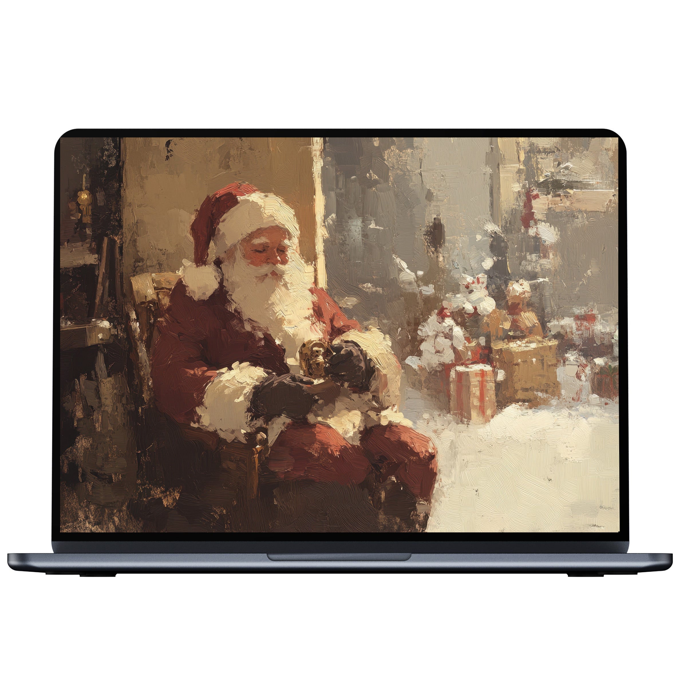 Cozy Christmas desktop wallpaper features Santa with gifts in warm hues, perfect digital download for PC, Laptop, or Mac users