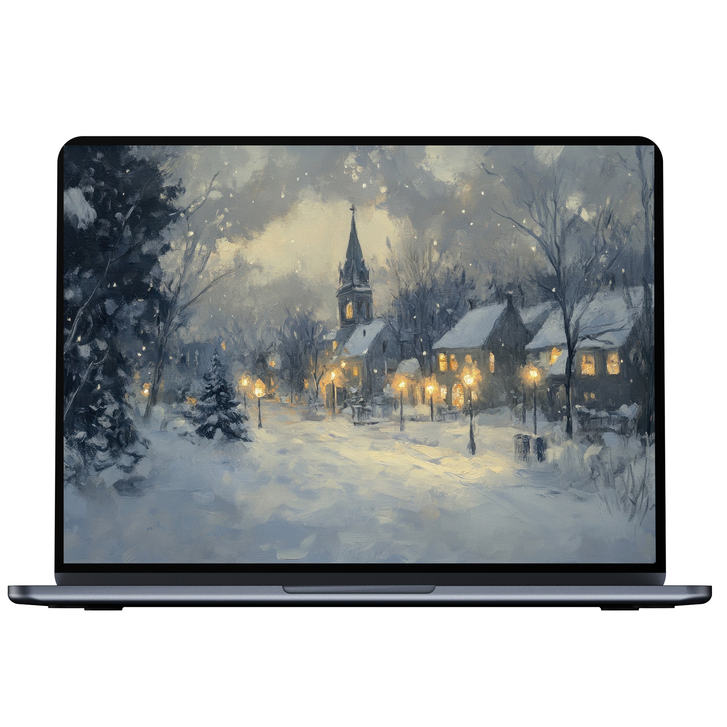 Christmas desktop wallpaper digital download featuring a serene snowy village scene with glowing lights, perfect for PC, Laptop, or Mac