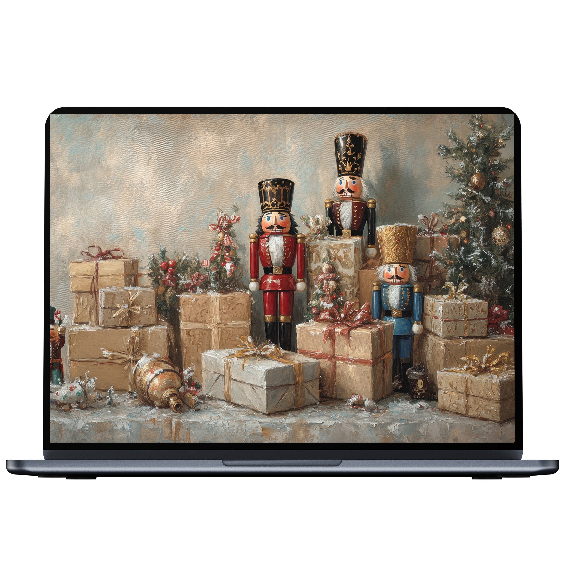 Elegant Christmas desktop wallpaper featuring nutcrackers and gifts evokes calm and inspiration perfect for PC and laptop digital download